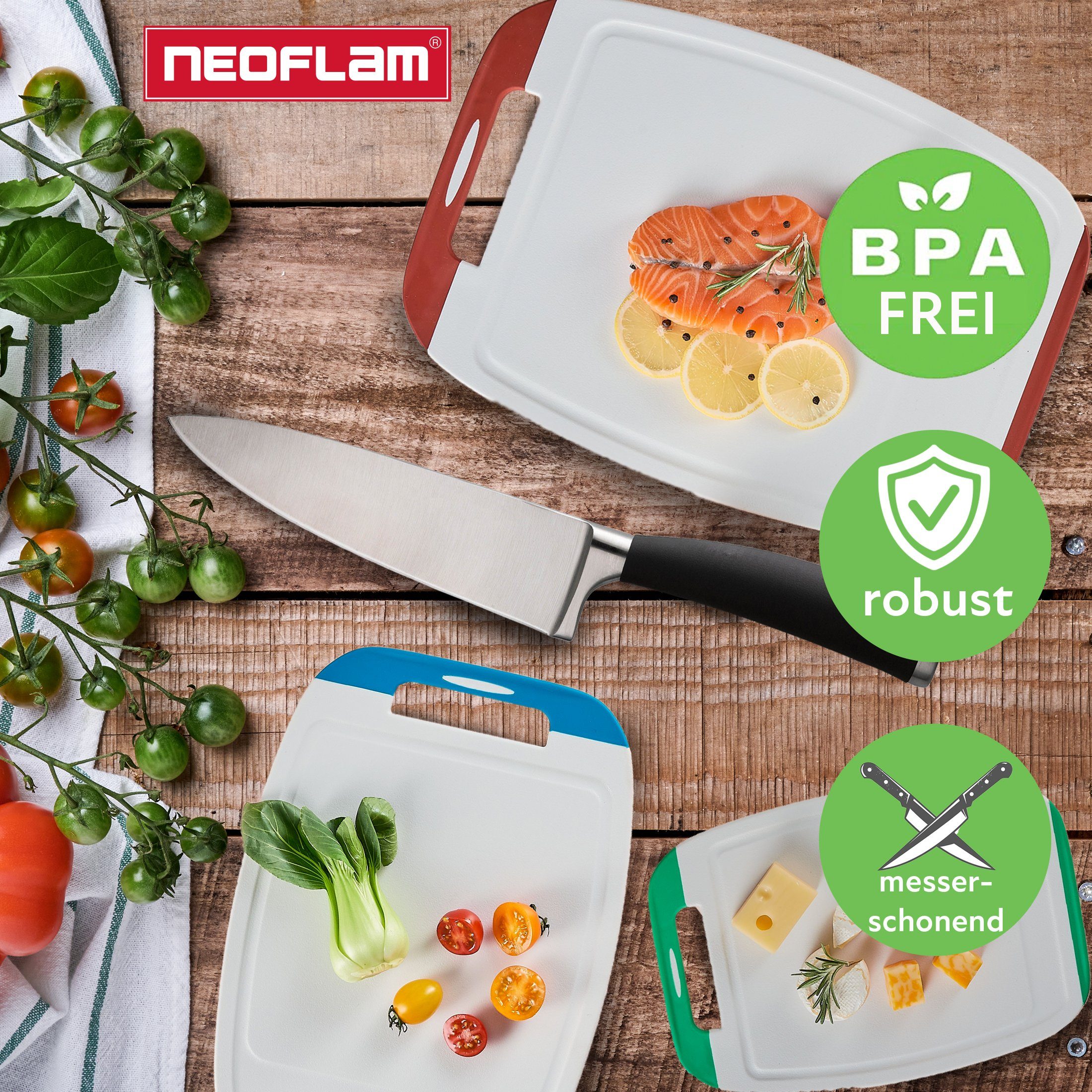 NEOFLAM® Schneidebrett BiJu Antibakterielles Schneidebrettset, 3tlg. - Rot/Blau/Grün, Kunststoff (PP), (3-St)