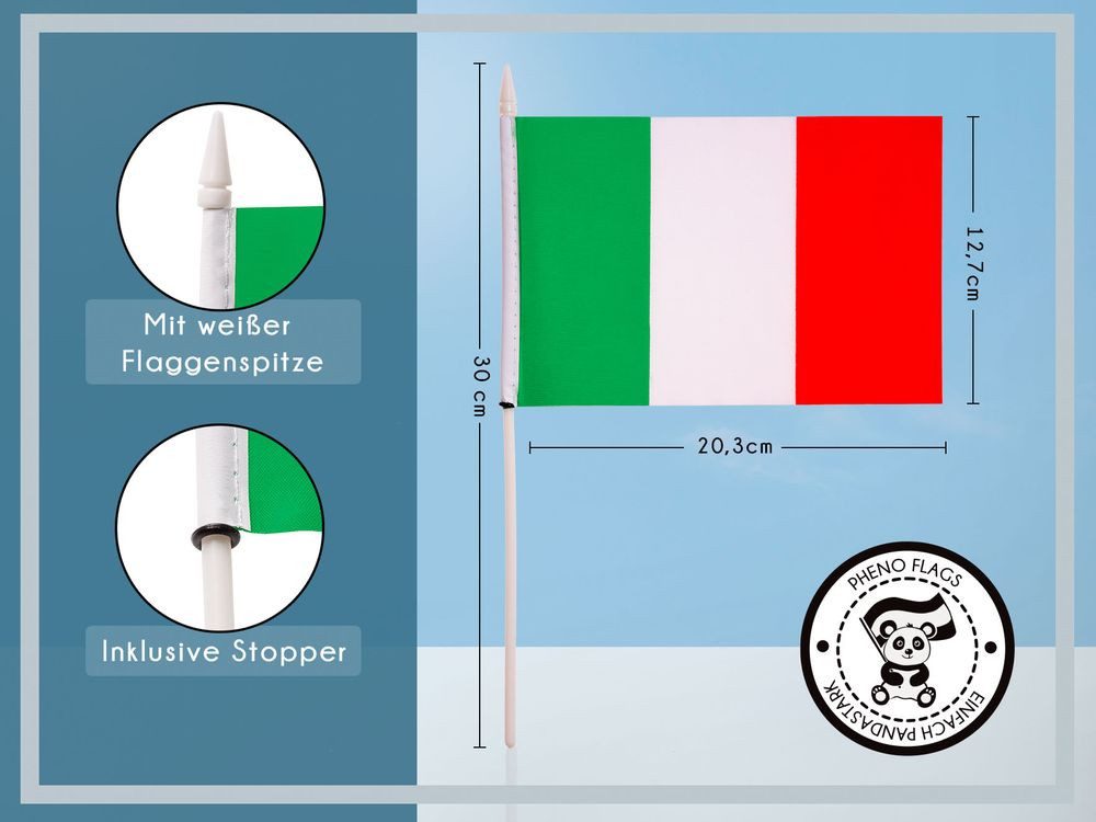 PHENO FLAGS Flagge Handfahne Italien Fähnchen Stockfahne Handflagge (10er Set zur Deko), Flaggen mit Stab