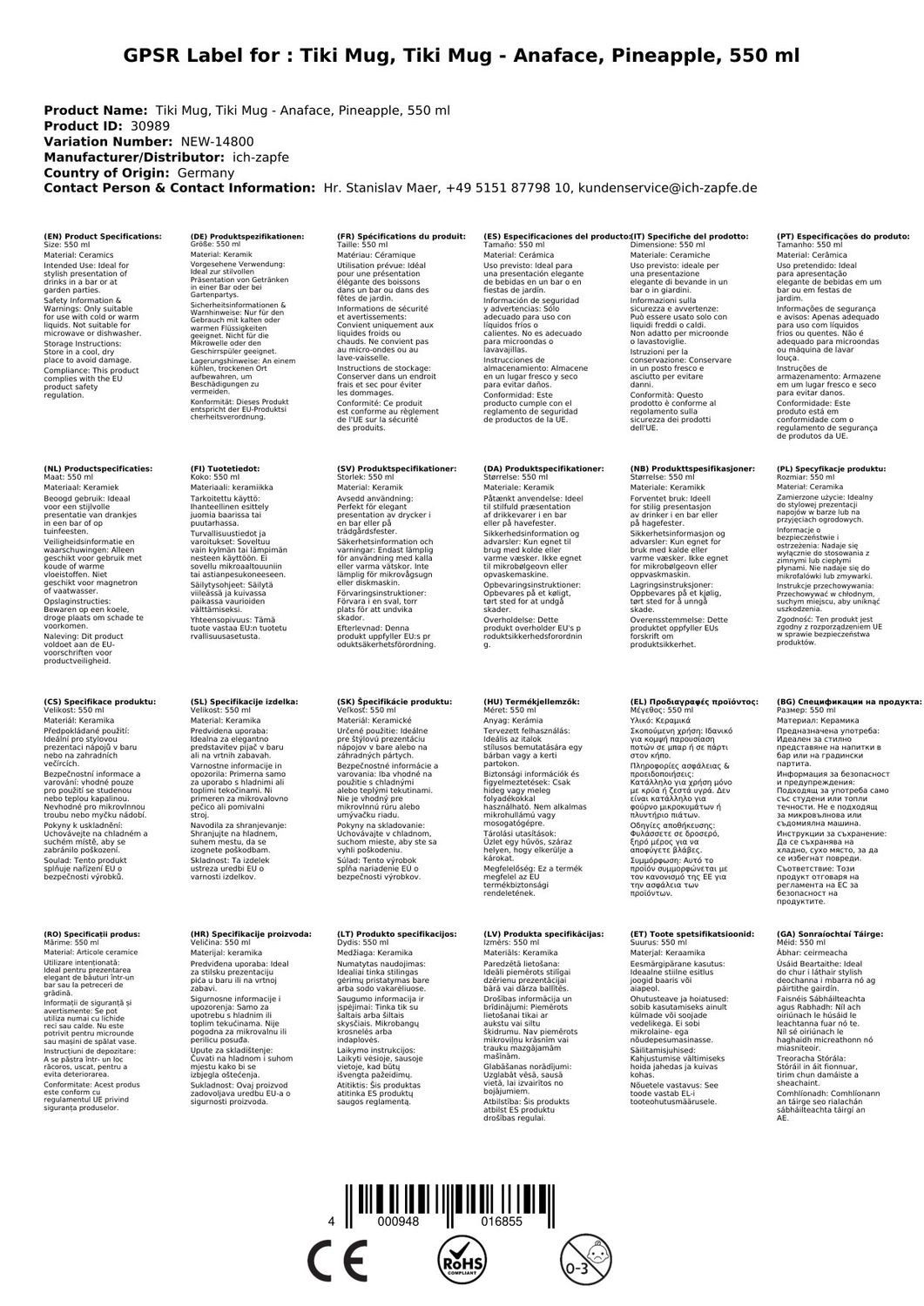 FUCHS Becher Tiki Mug, Tiki Becher - Anaface, Ananas, 550 ml