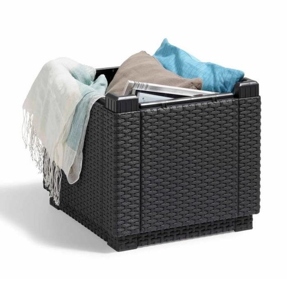 Allibert Gartenbox Würfelförmiger Graphittisch – Imitation von Rattan mit Stauraum