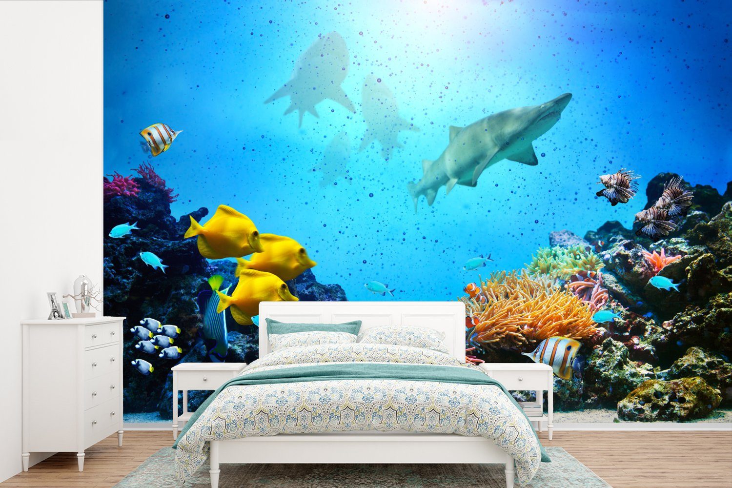 MuchoWow Fototapete Meer - Fische - Korallen, Matt, bedruckt, (6 St), Wallpaper für Wohnzimmer, Schlafzimmer, Kinderzimmer, Vinyl Tapete