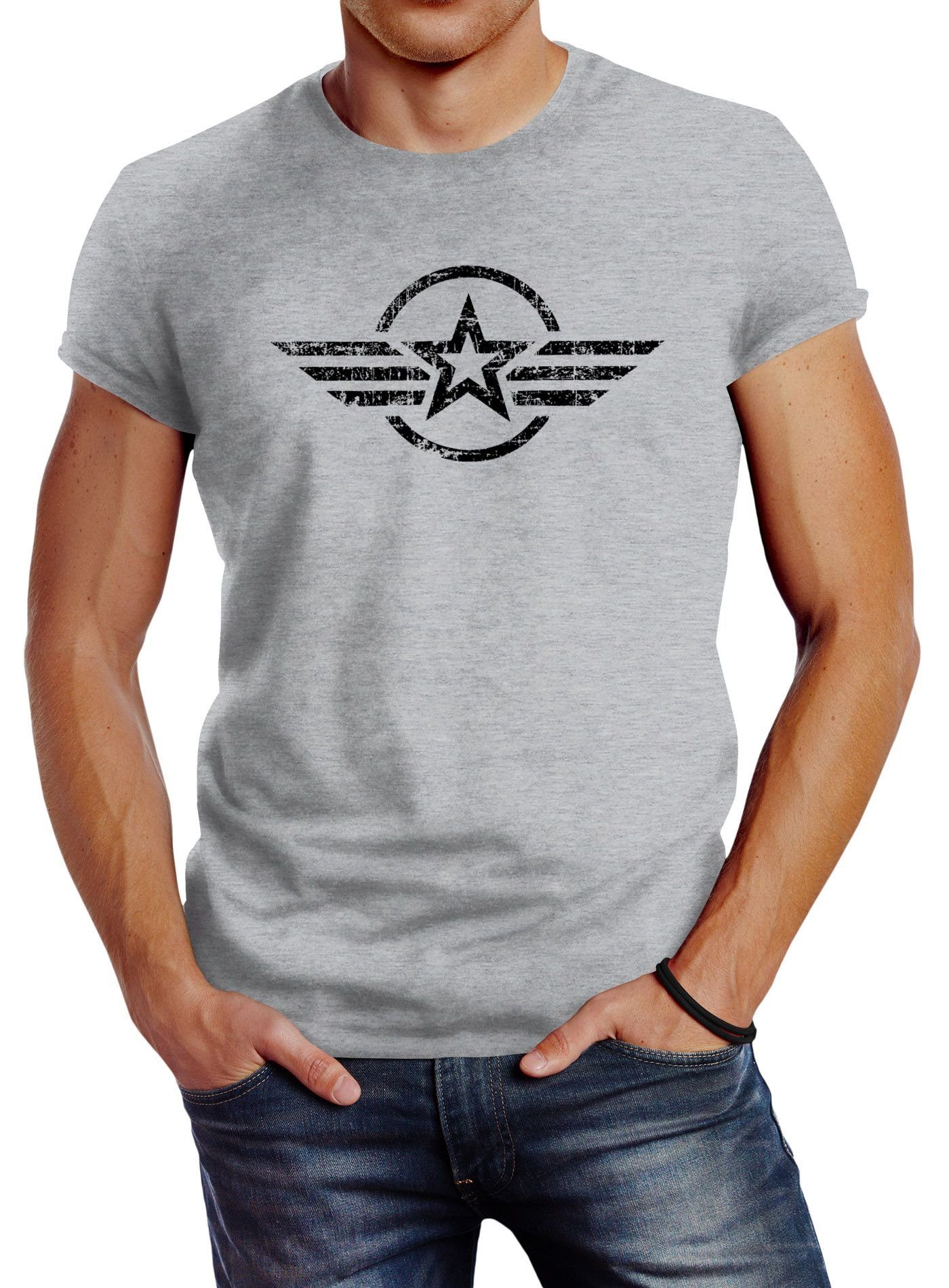 Neverless Print-Shirt Neverless® Herren T-Shirt Airforce Aufdruck Emblem Fashion Streetstyle mit Print grau