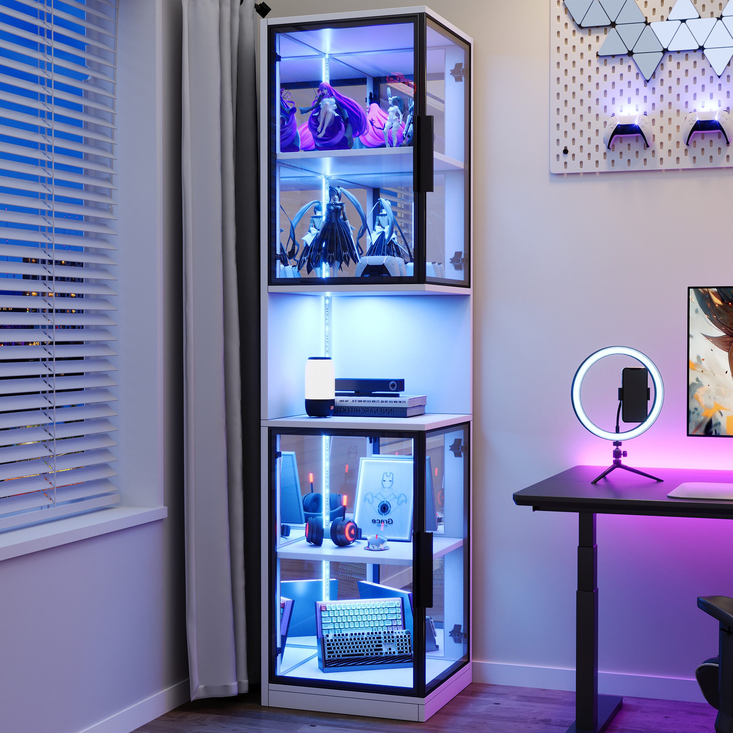 Merax Glasvitrine mit LED-Leuchten, (1-St., Mehrfarbige Beleuchtung, Doppeltüren) Spiegelrückwand, Vitrinenschrank für Wohnzimmer, Schlafzimmer