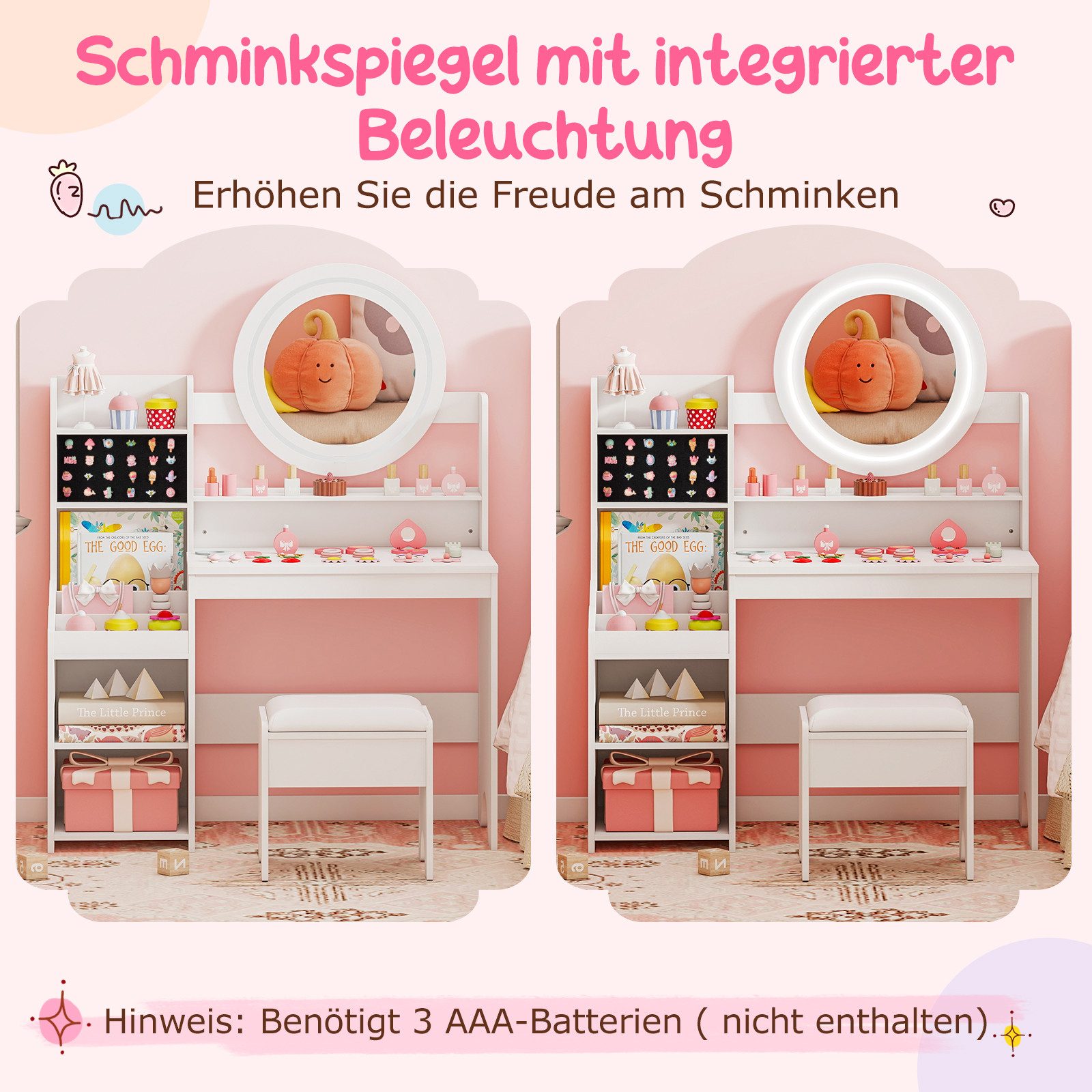 COSTWAY Schminktisch (2-St), mit gepolstertem Hocker, Spiegel & Leuchtung günstig online kaufen