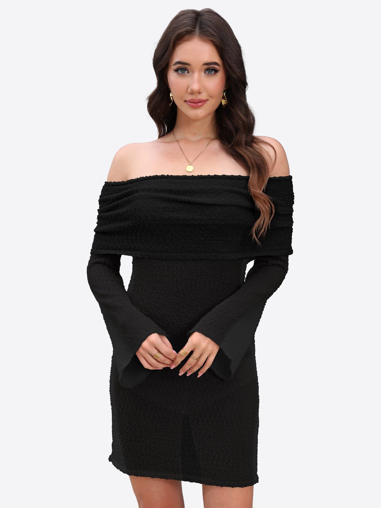 Imily Bela Strandkleid Damen Off-Shoulder Stricken Trompetenärmeln Minikleid Bikini Cover-up (Packung, 1-tlg., 1per-Pack) gehäkelt mit Glockenärmeln in Unifarbe