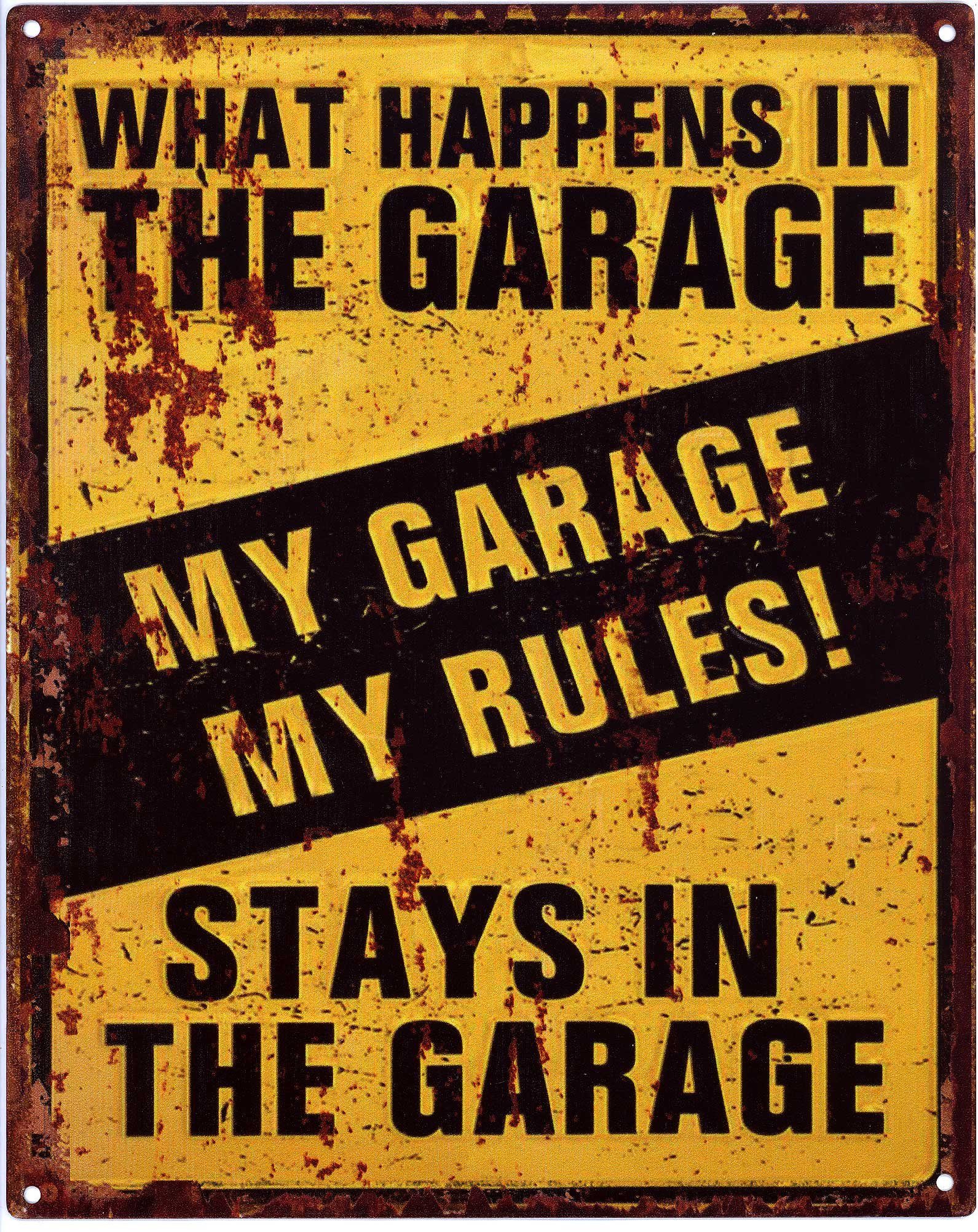 Metallschild Blechschild What Happens in Garage Stays in Garage