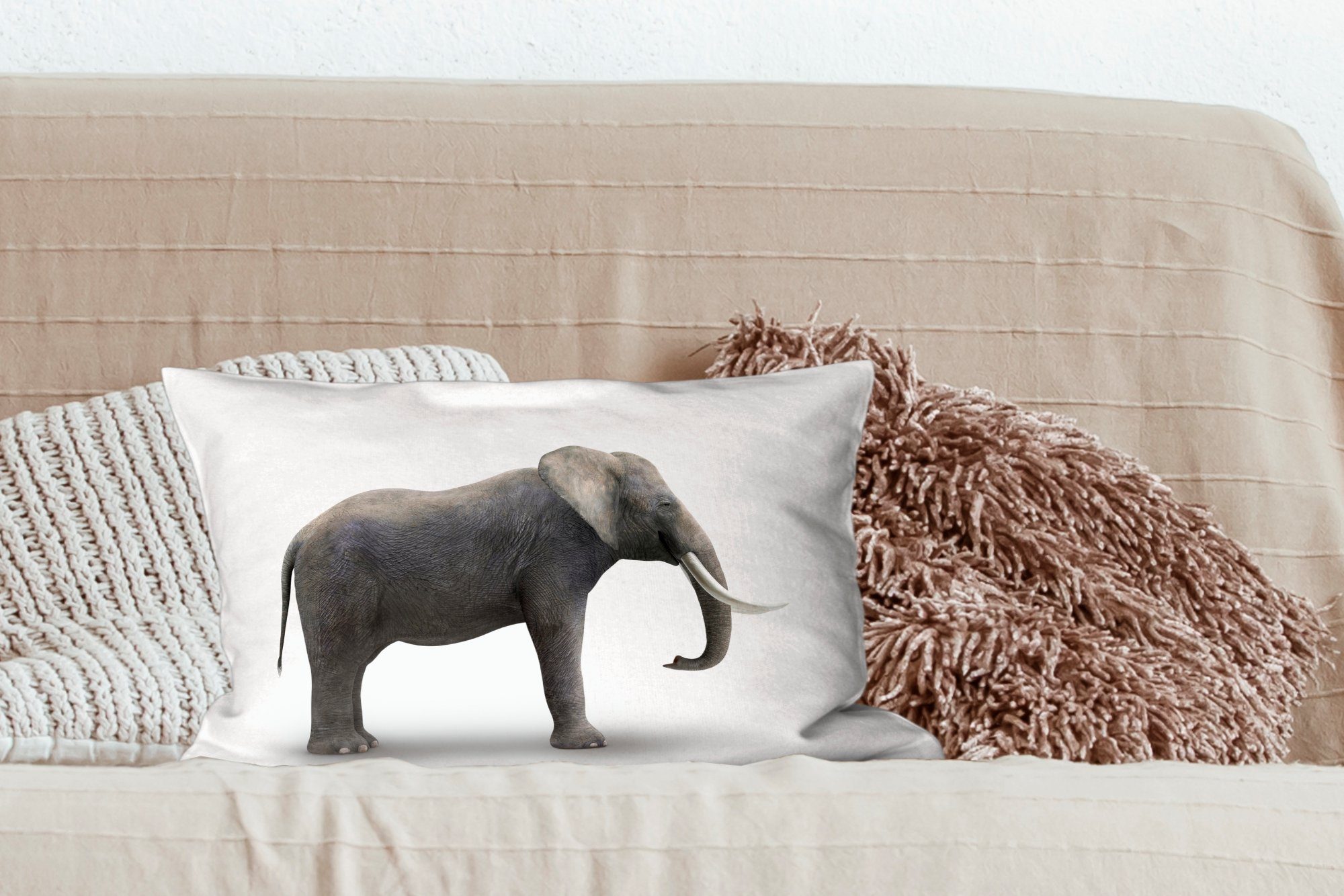 Dekokissen MuchoWow Hintergrund, Zierkissen, mit auf Füllung, Dekoration, Wohzimmer Schlafzimmer Elefant Dekokissen weißem