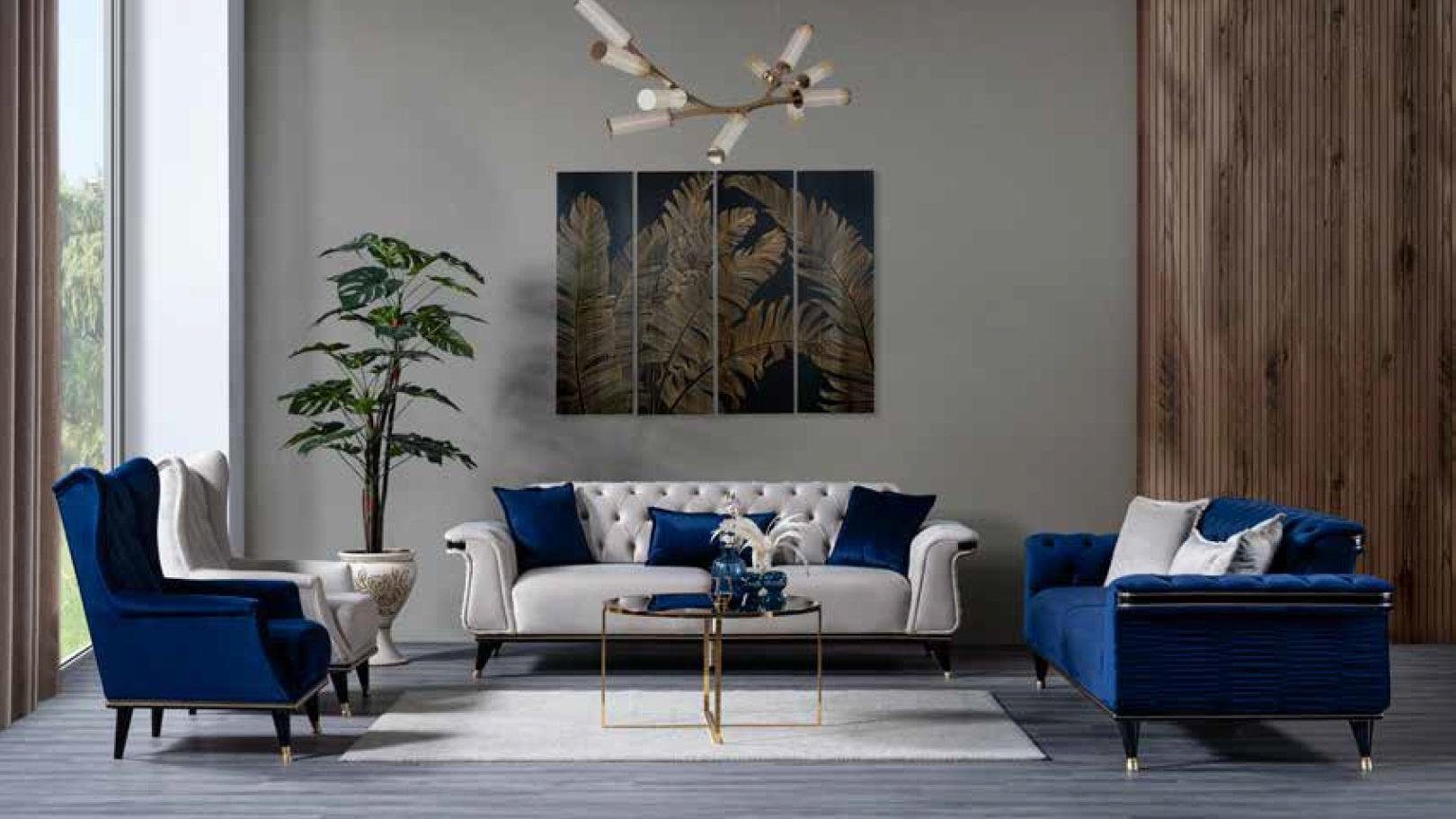 in Sofas + Weiß/Blau Made Chesterfield-Sofas, Chesterfield + Europa 3 Sitzer), Sofagarnitur 2 Wohnzimmer-Set Moderne (4-St., Luxus 2x Nur JVmoebel 1