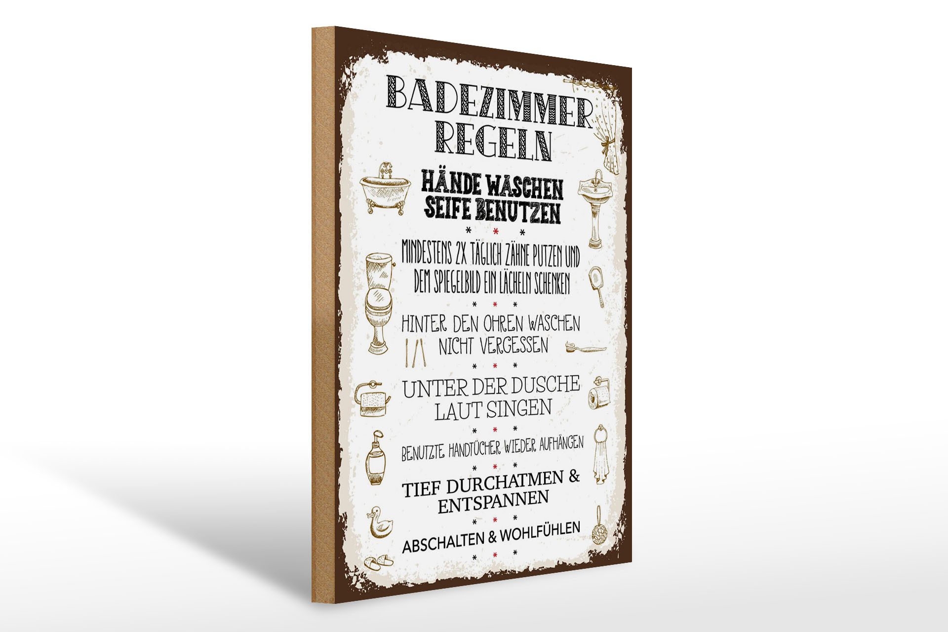 Femer GmbH Holzbild Spruch 30x40 cm Badezimmer Regeln 7 Aufgaben, (1 St), Glatte Holzfaserplatte (MDF), vorn beschichtet