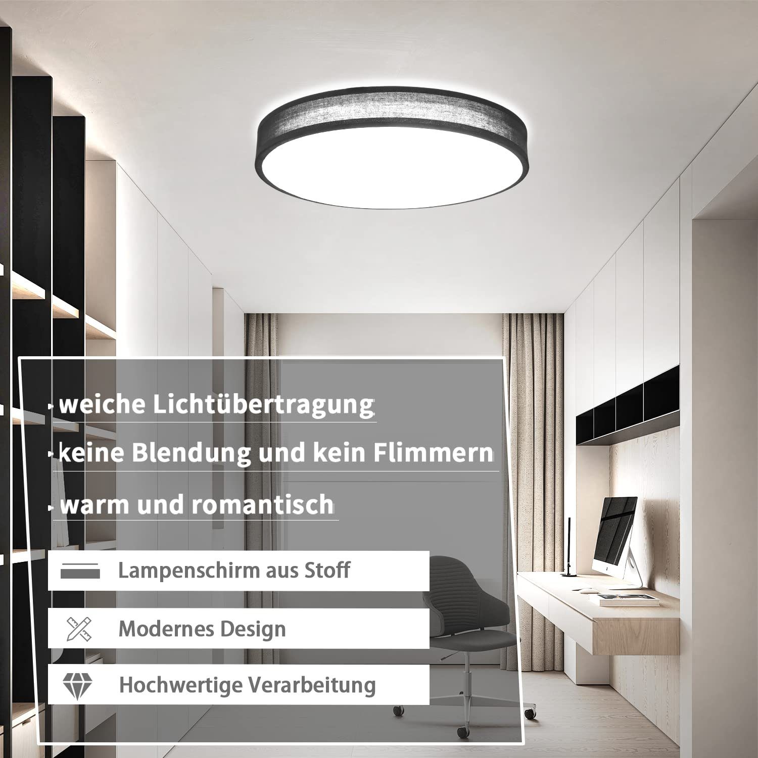 ZMH LED Deckenleuchte Ø38CM Stoffschirm Schwarz fest runde LED Schlafzimmer W warmweiß-kaltweiß, integriert, ‎38 dimmbar, Whonzimmer