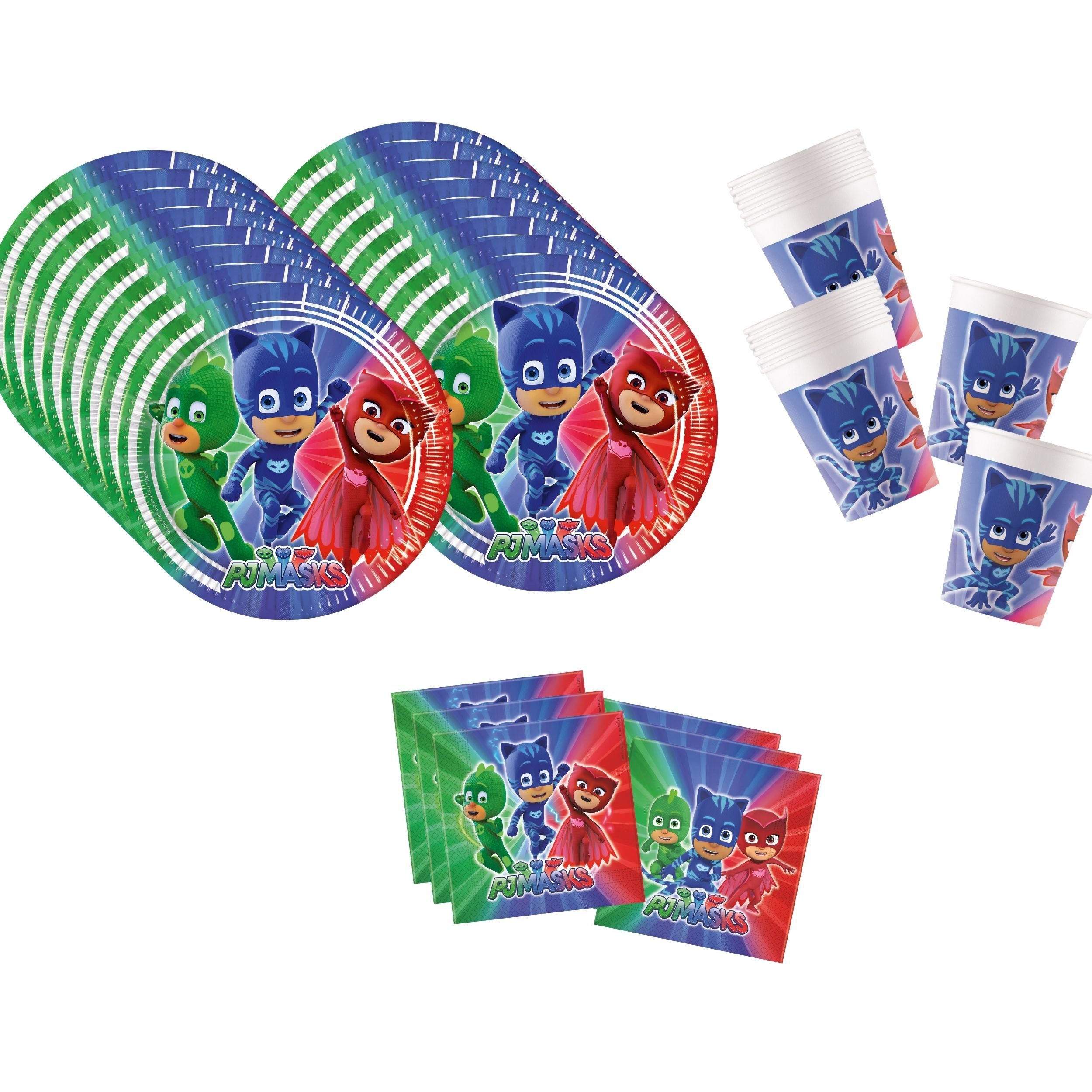 Procos Einweggeschirr-Set PJ Masks Partygeschirr Set 52-tlg Kindergeburtstag Pyjamahelden Teller, 16 Personen