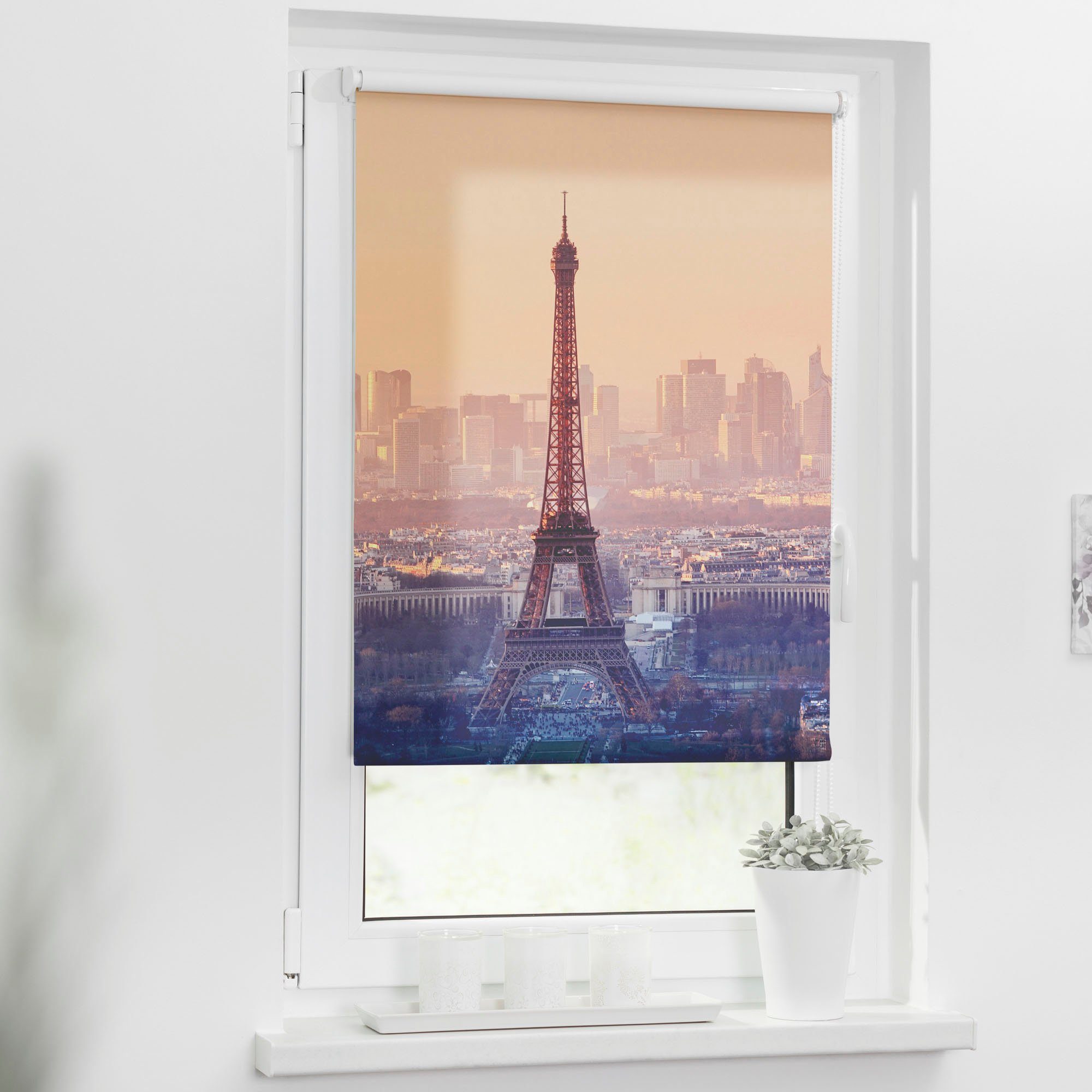 Lichtschutz, bedruckt ohne LICHTBLICK Seitenzugrollo Klemmfix, Eiffelturm, Bohren, ORIGINAL, Klemmfix freihängend, Motiv