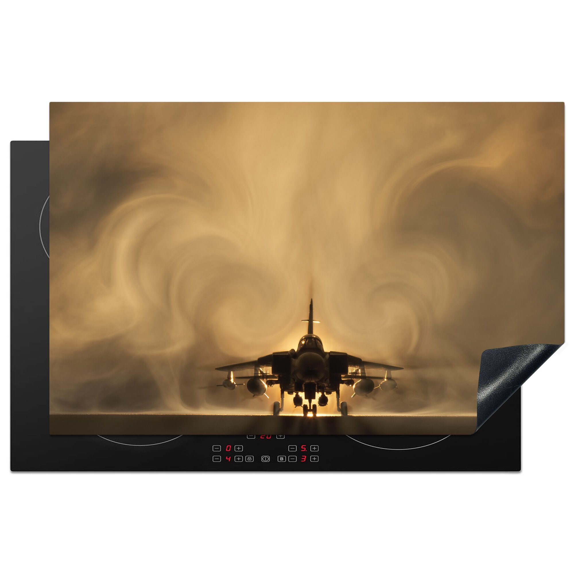 MuchoWow Herdblende-/Abdeckplatte Ein Kampfflugzeug in einem Tornado, Vinyl, (1 tlg), 81x52 cm, Induktionskochfeld Schutz für die küche, Ceranfeldabdeckung