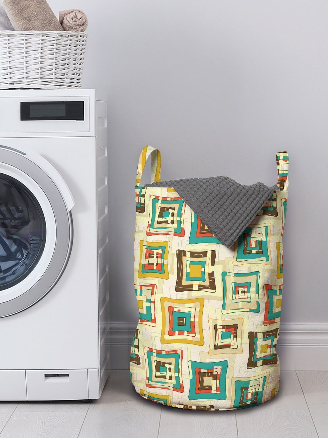 Kordelzugverschluss Puzzle-Form mit Griffen Geometrisch Waschsalons, Abakuhaus für Wäschesäckchen Surreal Wäschekorb