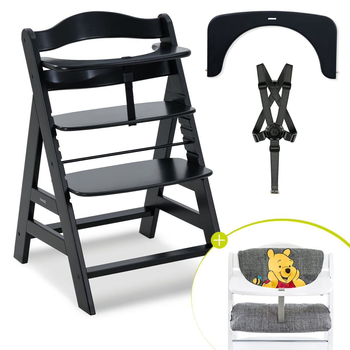 Hauck Hochstuhl Alpha Plus - Winnie Pooh Grey - Black, Mitwachsender Holz Kinderhochstuhl verstellbar mit Sitzauflage & Gurt