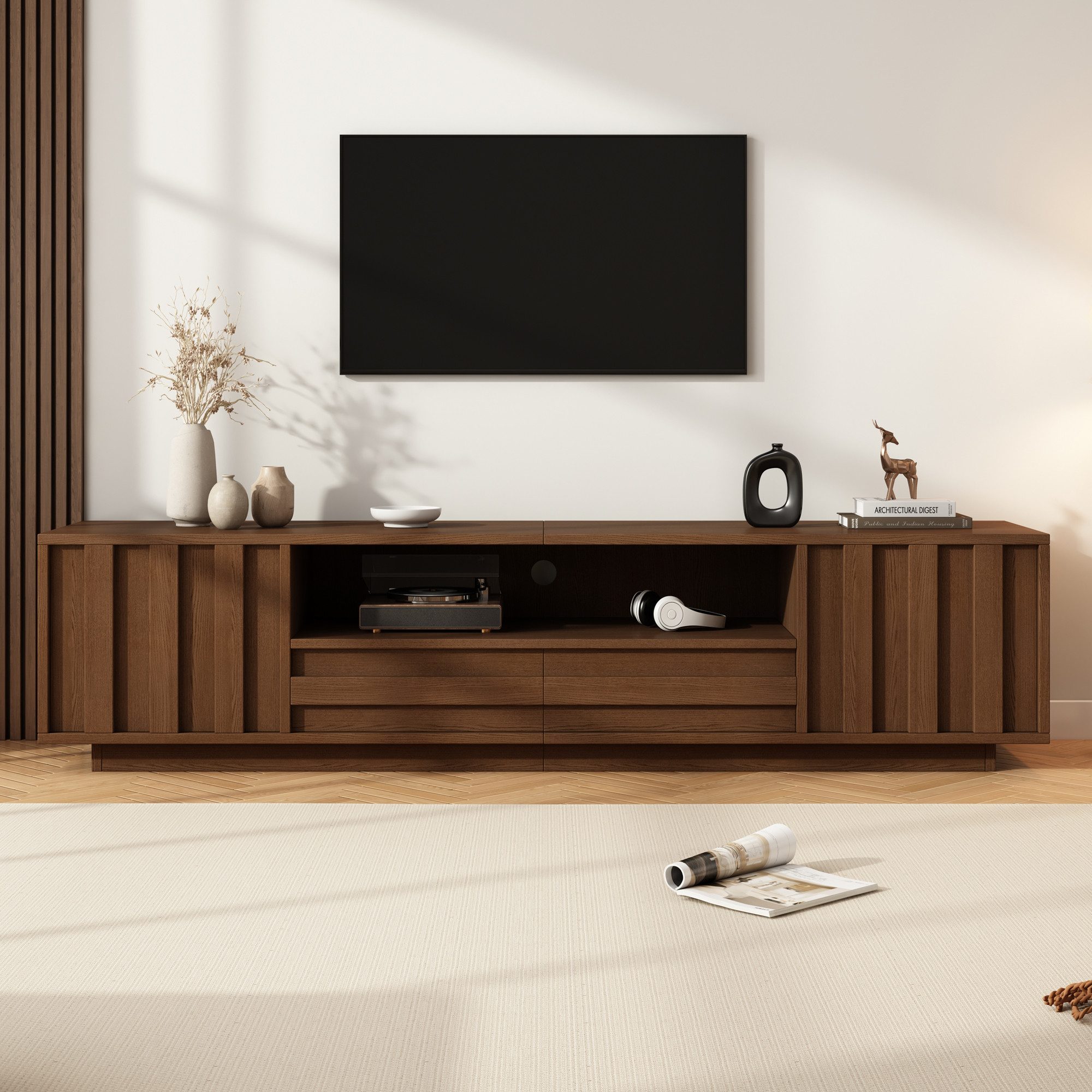 Merax Lowboard Walnussoptik mit 3D-Reliefdesign,Schrank mit 2 Push-to-Open-Schubladen (grifflose Front & Kabeldurchführungen, 1 St., 180x40x45 cm), TV-Schrank mit 2 Flügeltüren, 5 Staubereiche & offenen Ablageflach
