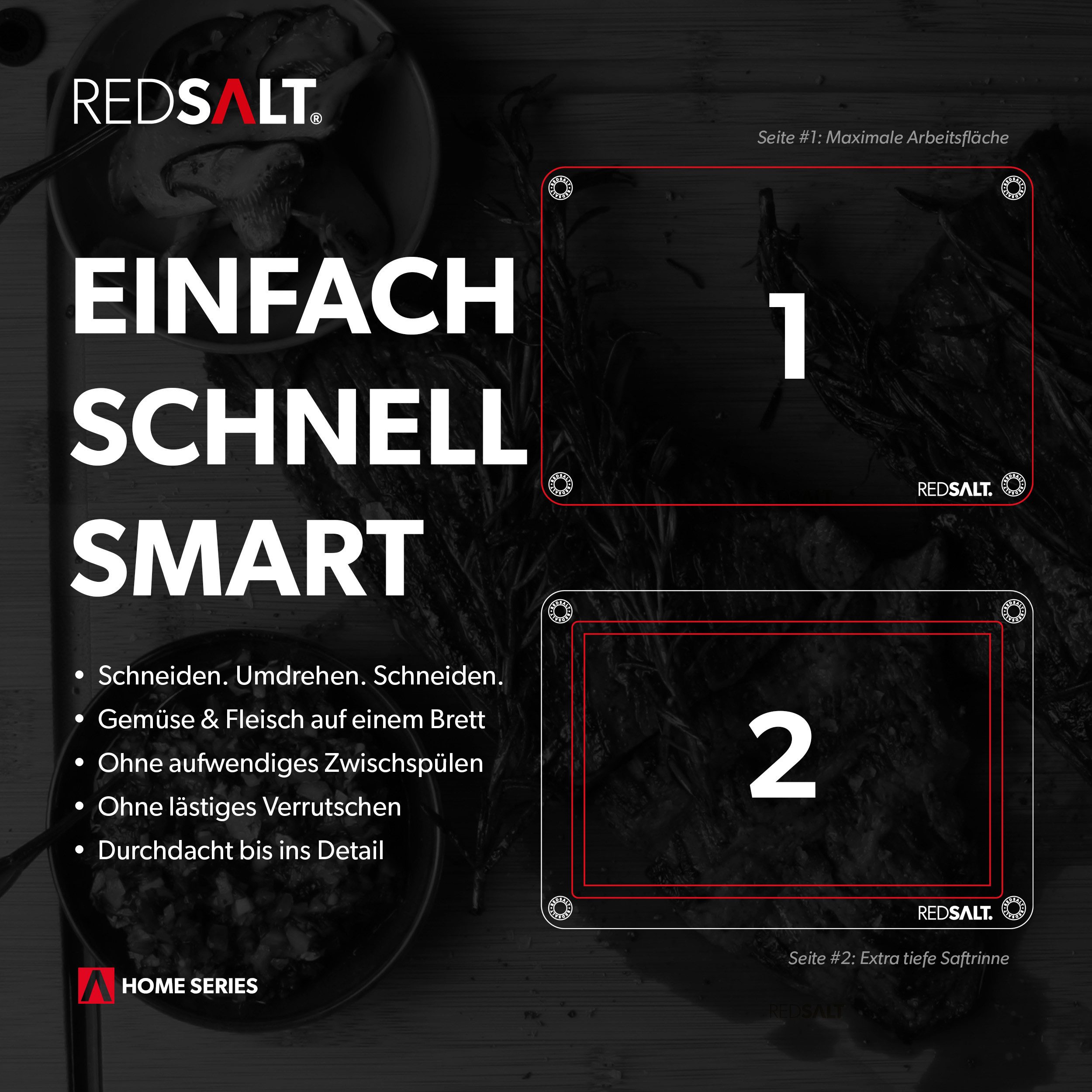 REDSALT® Schneidebrett innovatives Bambusbrett 3er Set rutschfest, 3er Set, (3er Set, 38x26x1,5, 32x22x1,5, 26x18x1,5 cm), 100% Bio Bambus, tiefe Saftrille, beidseitige Silikonfüße