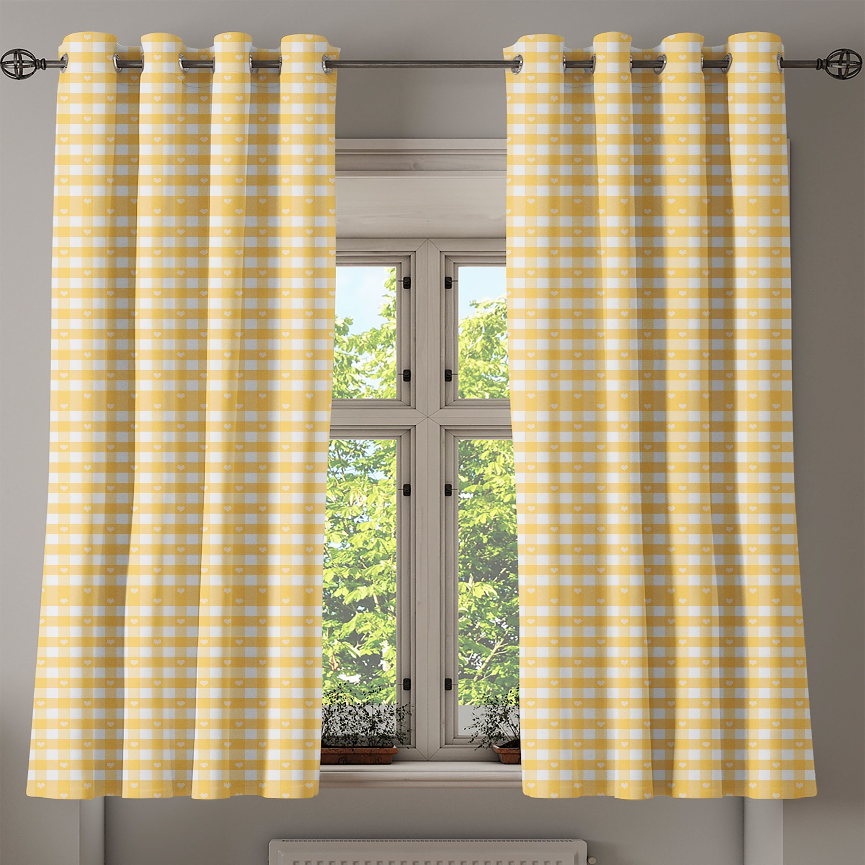 für 2-Panel-Fenstervorhänge Wohnzimmer, karierte Abakuhaus, Gardine Schlafzimmer Weinlese-Gelb Dekorative Muster