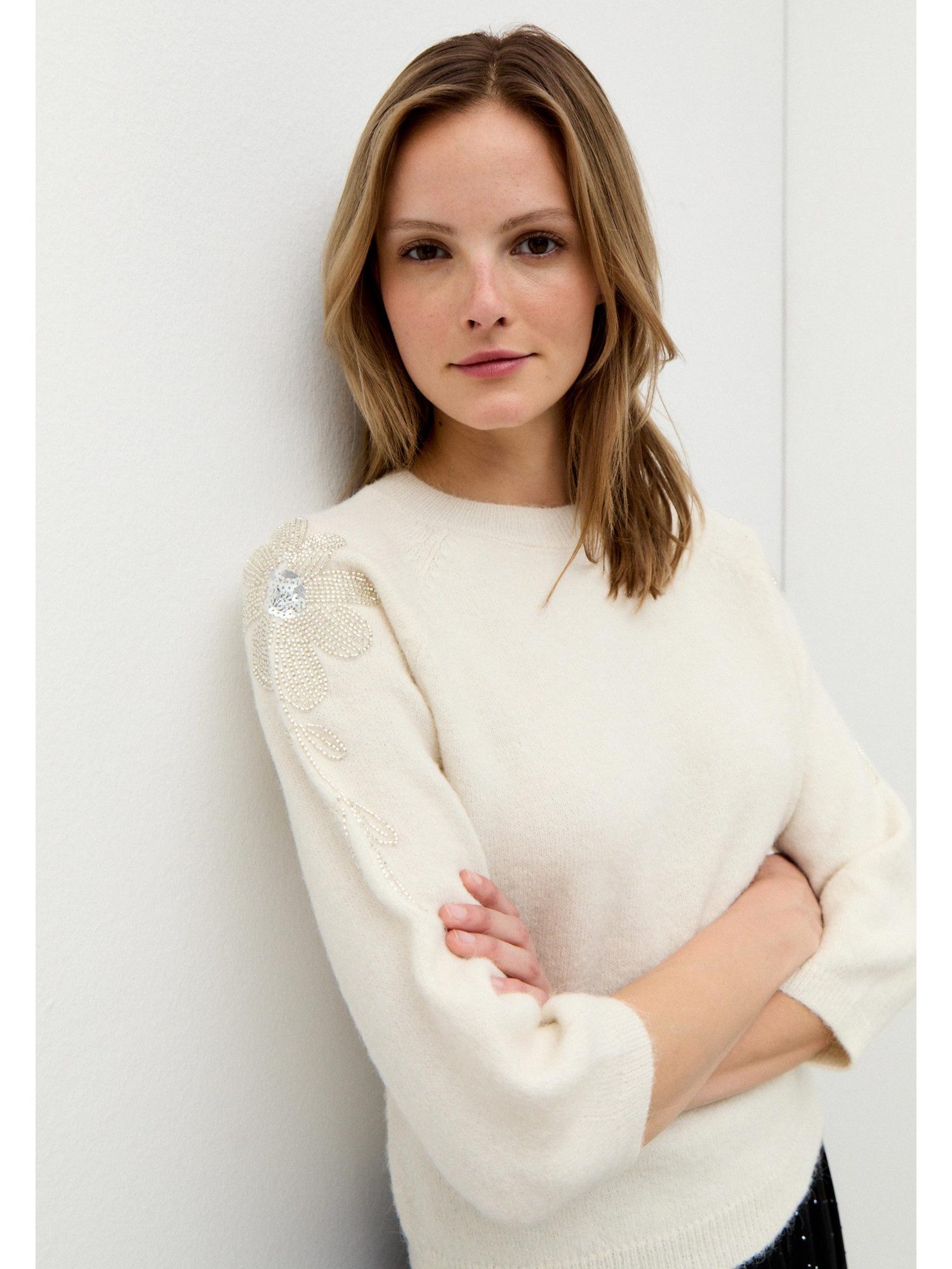 MORE&MORE Rundhalspullover eleganter Strickpullover Pailletten-Applikation günstig online kaufen