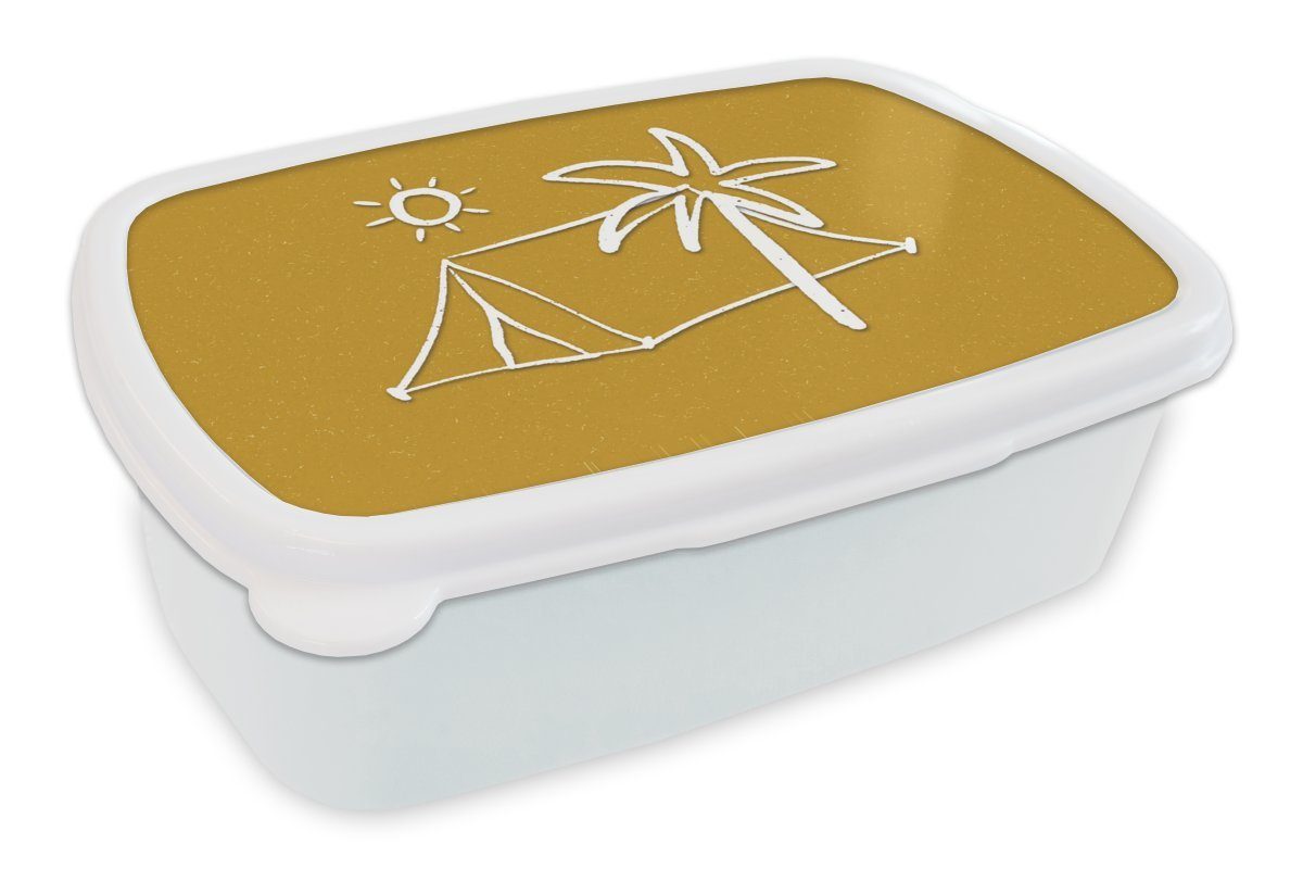 MuchoWow Lunchbox Sommer - Zelt - Palme, Kunststoff, (2-tlg), Brotbox für Kinder und Erwachsene, Brotdose, für Jungs und Mädchen weiß