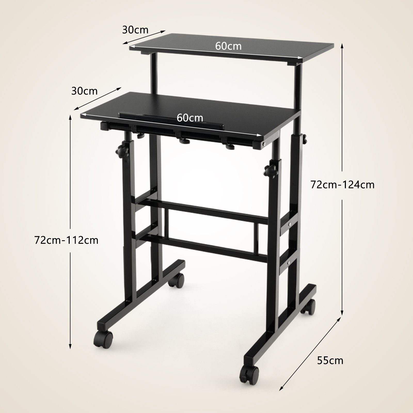 COSTWAY 2-stufig, höhenverstellbar Schwarz 72-124cm mit Computertisch, Rollen,