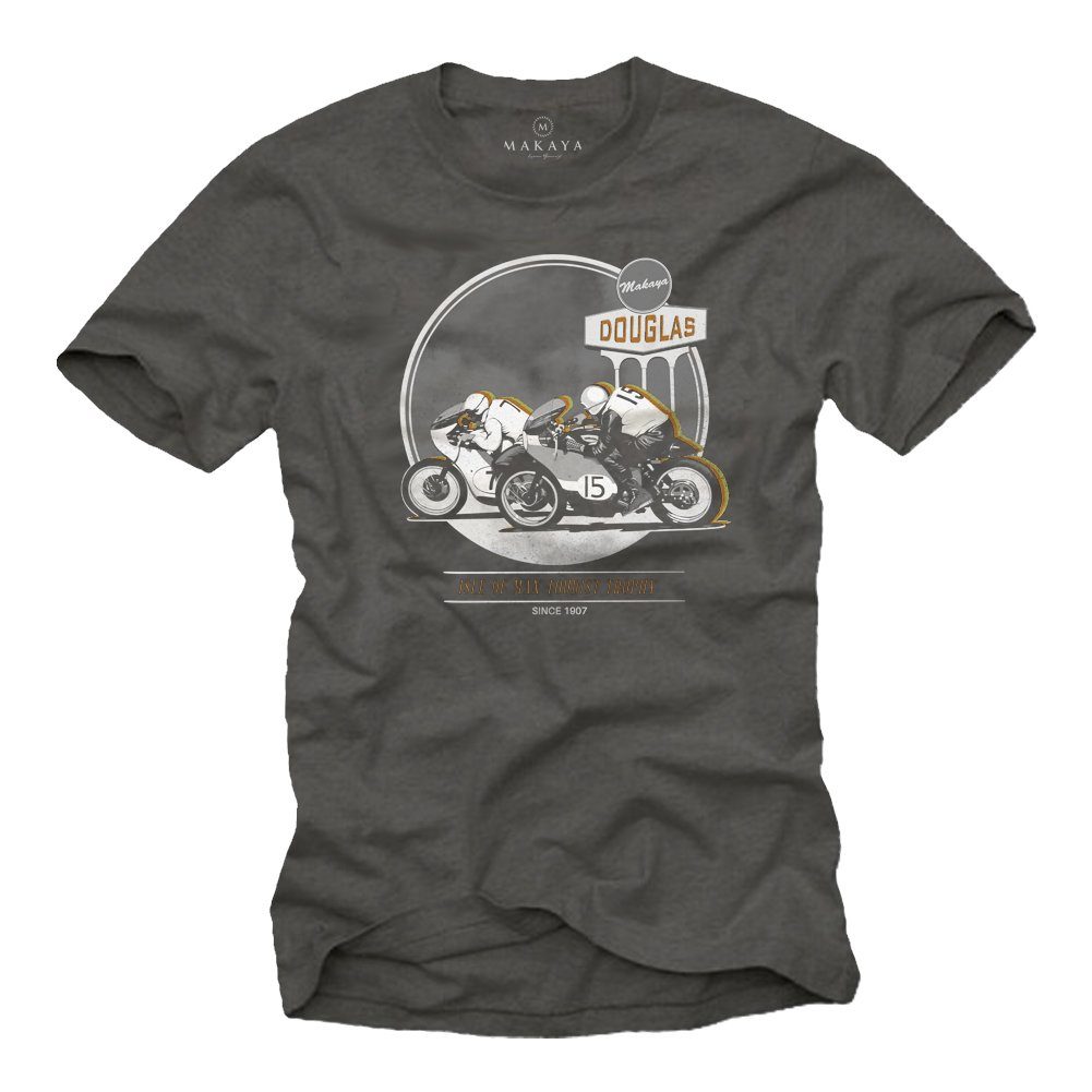 MAKAYA T-Shirt Vintage mit Racer Bekleidung Grau Motorrad Herren Druck, Cafe Motiv Baumwolle Männer Biker aus