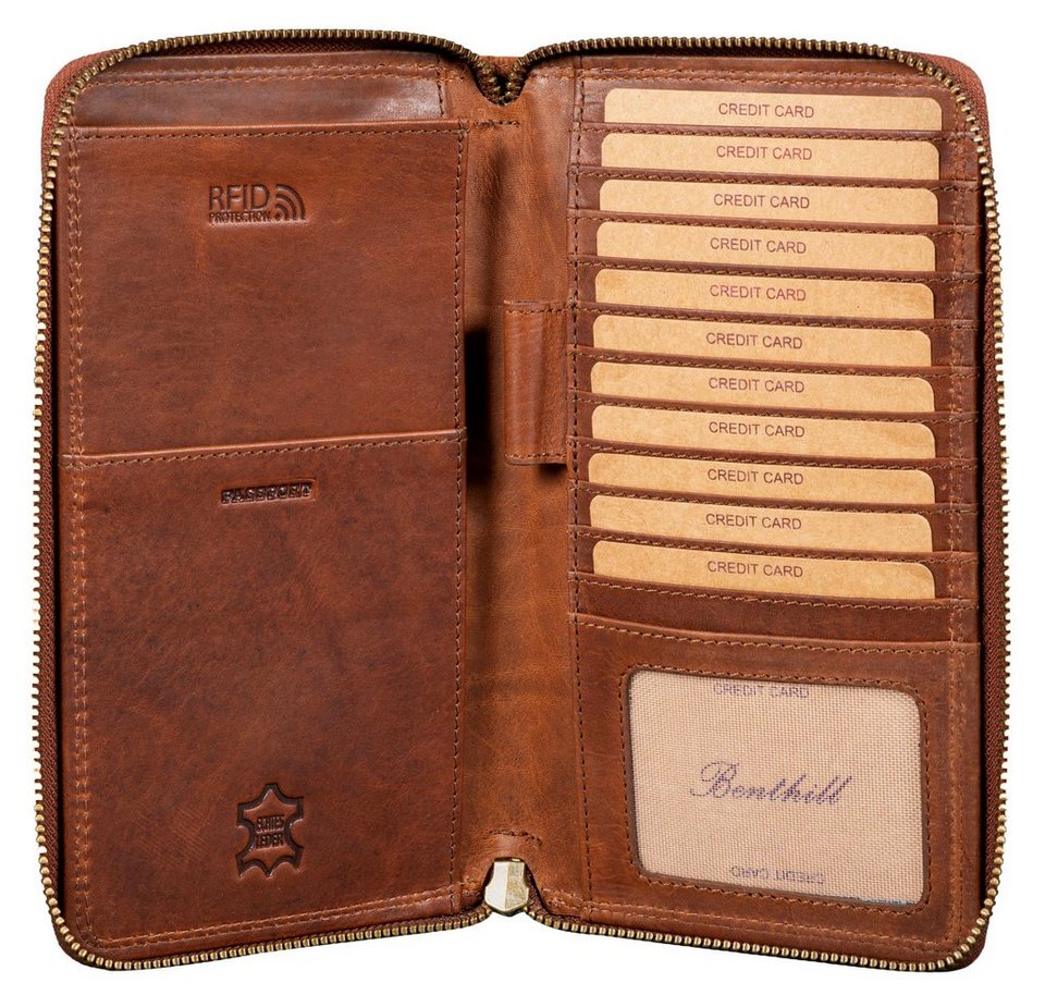 Benthill Brieftasche Echt Leder Reisebrieftasche Dokumententasche Organizer  RFID Geldbörse, RFID-Schutz Kartenfächer Münzfach Reißverschlussfach