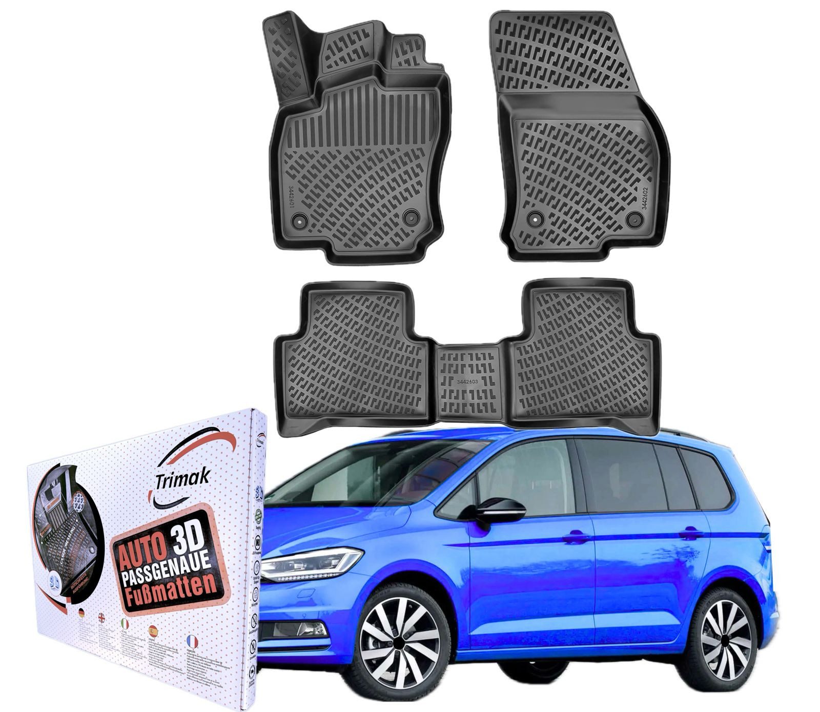 Trimak Passform-Fußmatten Oder Kofferraumwanne Oder Set kompatibel mit Volkswagen Touran, Volkswagen Touran II 2016-2025 Gummimatten Auto Allwetter Fussmatten