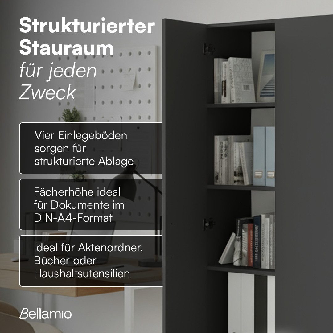 Bellamio Mehrzweckschrank Apol (Schwarz) schmaler Aktenschrank mit 2 Türen & 5 Fächern, robust & kratzfest