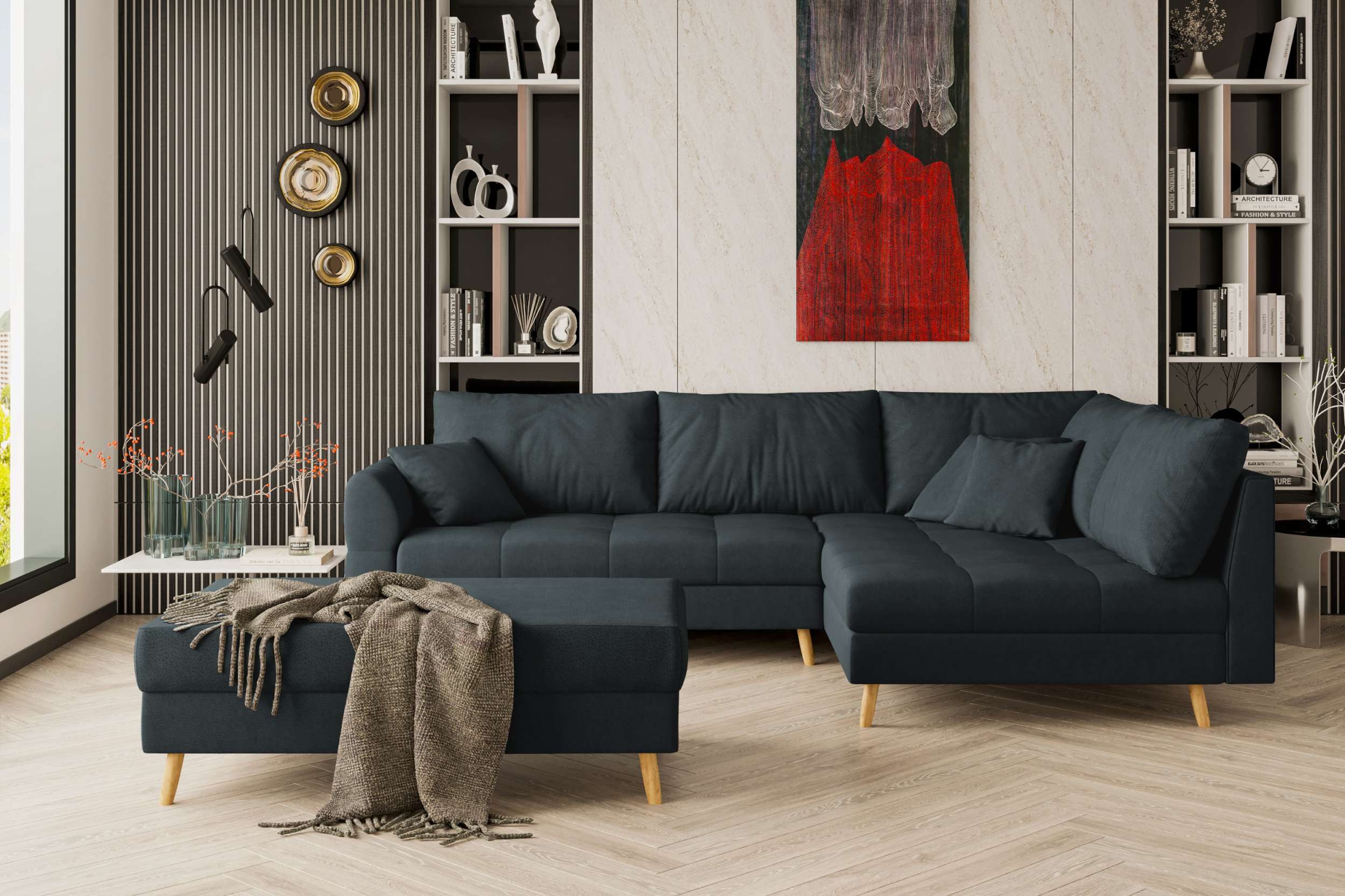 99rooms Ecksofa Bello, Sofa L-Form mit Hocker, links oder rechts bestellbar, mit Hocker, Rückenkissen, Holzfüße