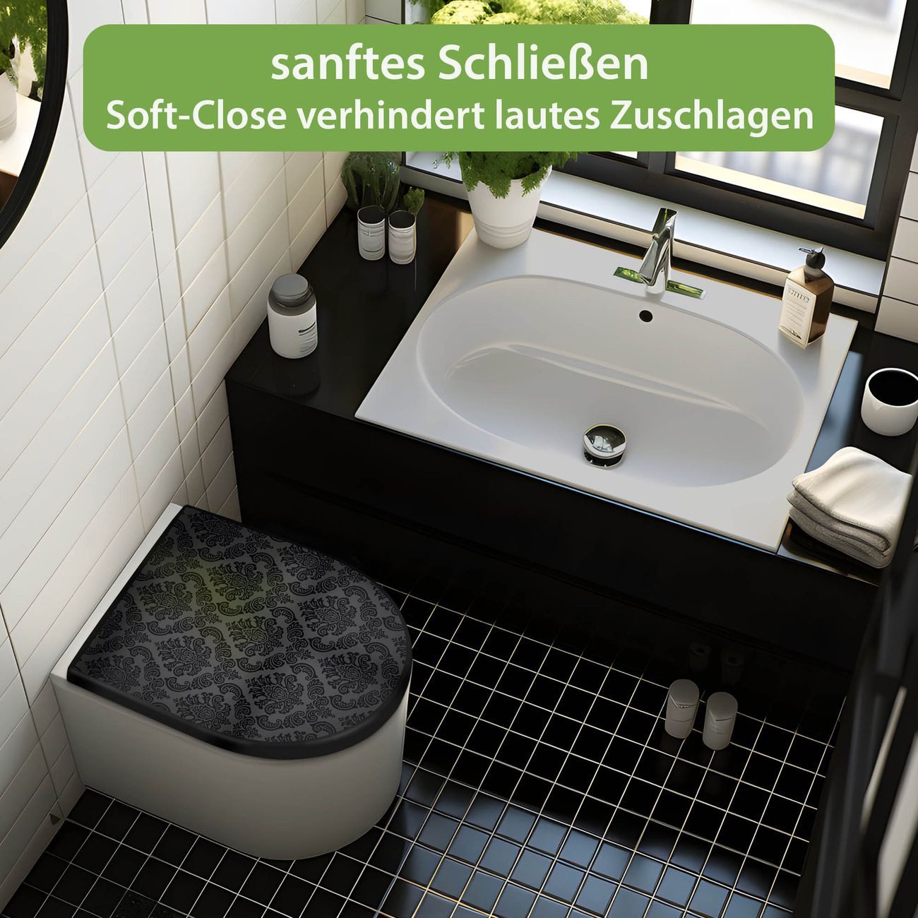 banjado WC-Sitz Premium D-Form mit Absenkautomatik Motiv Black Deluxe (umweltfreundliches Material, Softclose Absenkautomatik), 45 x 36,4 x 4