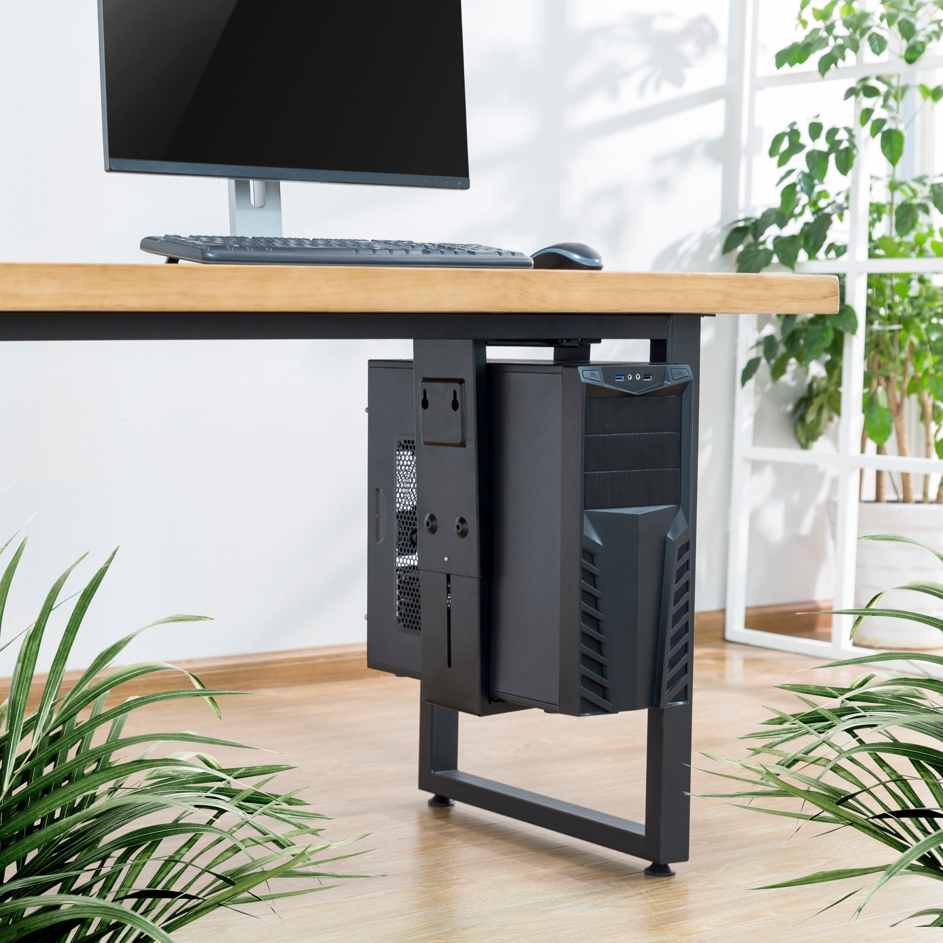 RICOO Halterung PC Halterung unter Schreibtisch flexibel Gaming Büro Tisch TRH-06, (verstellbar in Größe/Höhe, Tiefe - für Tisch & Wand, 1-tlg., max 10 Kg Rechner Halter für unter den Tisch Desktop flexibel schwarz, PC Halter unter Schreibtisch Tischmontage und Wandmontage möglich)