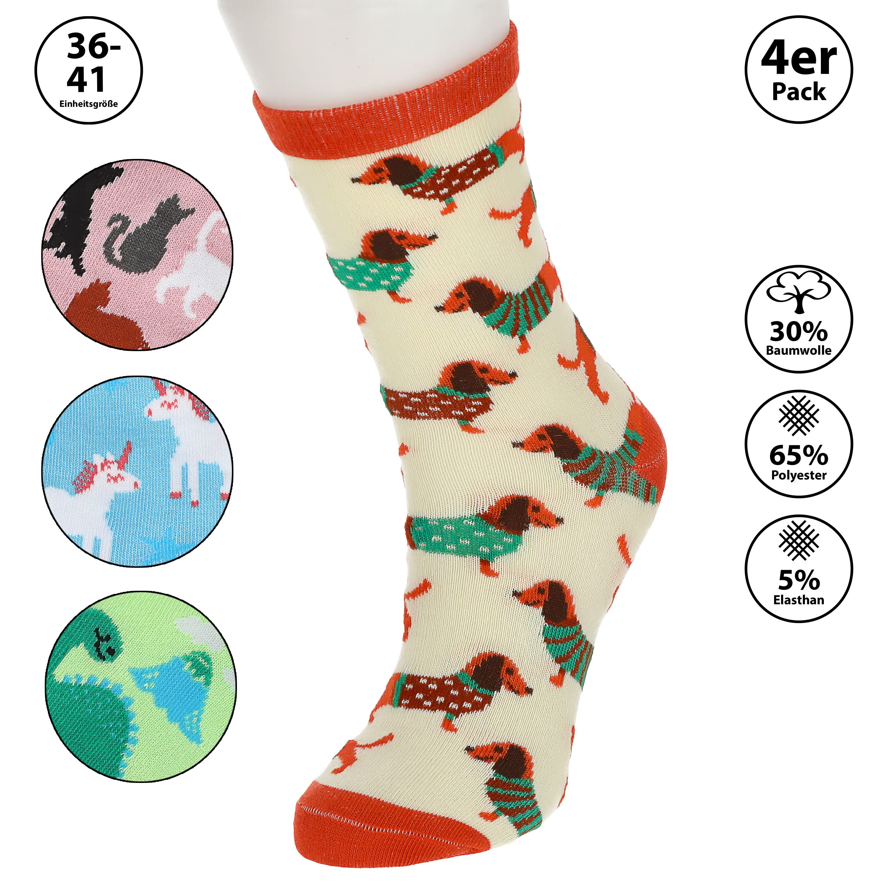 CEPEWA Socken Damensocken Animals 4er Pack 36-41 bunt Polyester Baumwolle Elasthan