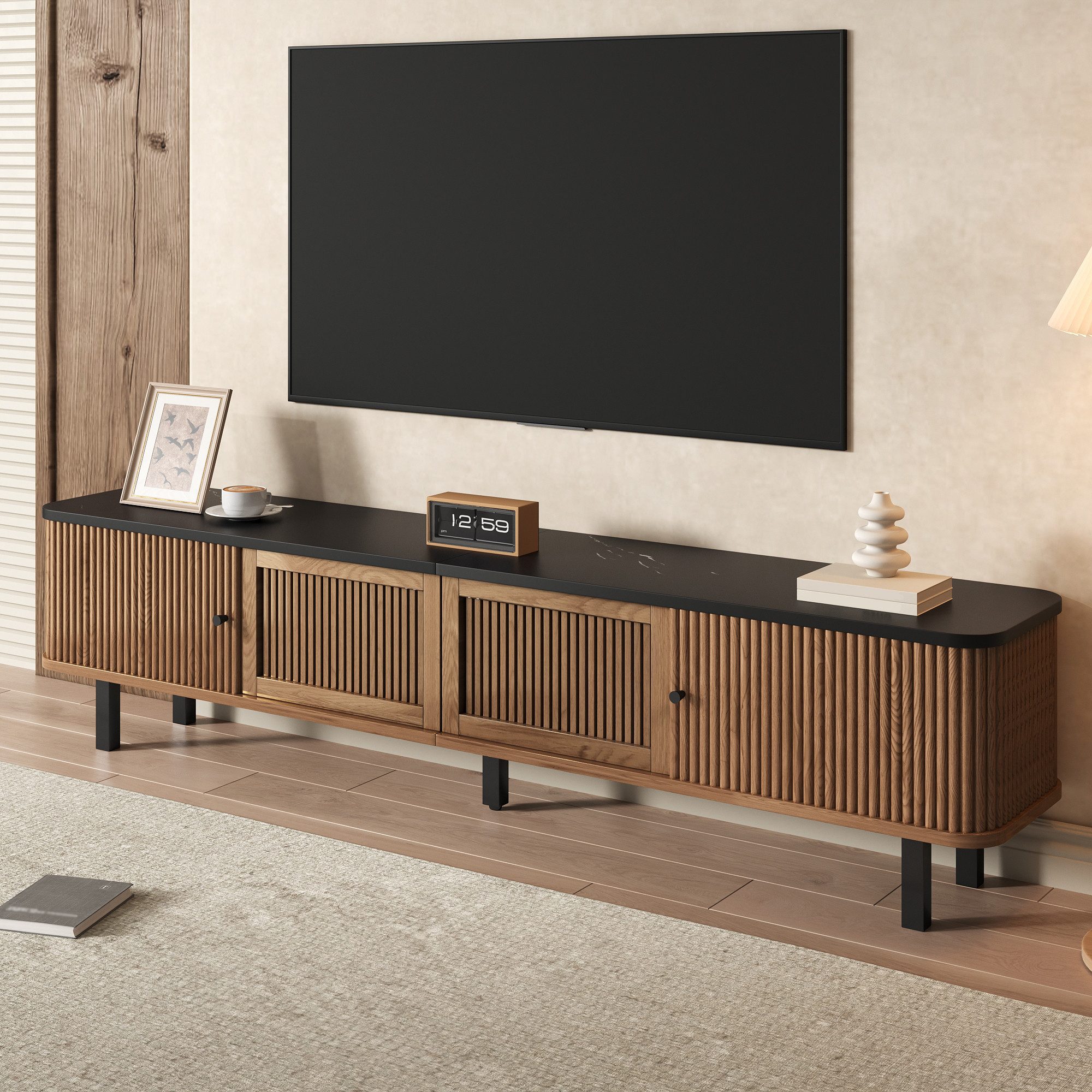 Merax Lowboard mit Gitterdesign und schwarzen Eisen-Griffe (1 St., Fernsehschrank in Oak/Walnut Optik), TV-Schrank mit 2 Schiebetüren, 2 Klapptüren & Stauraum,  – Bild 4 von 5