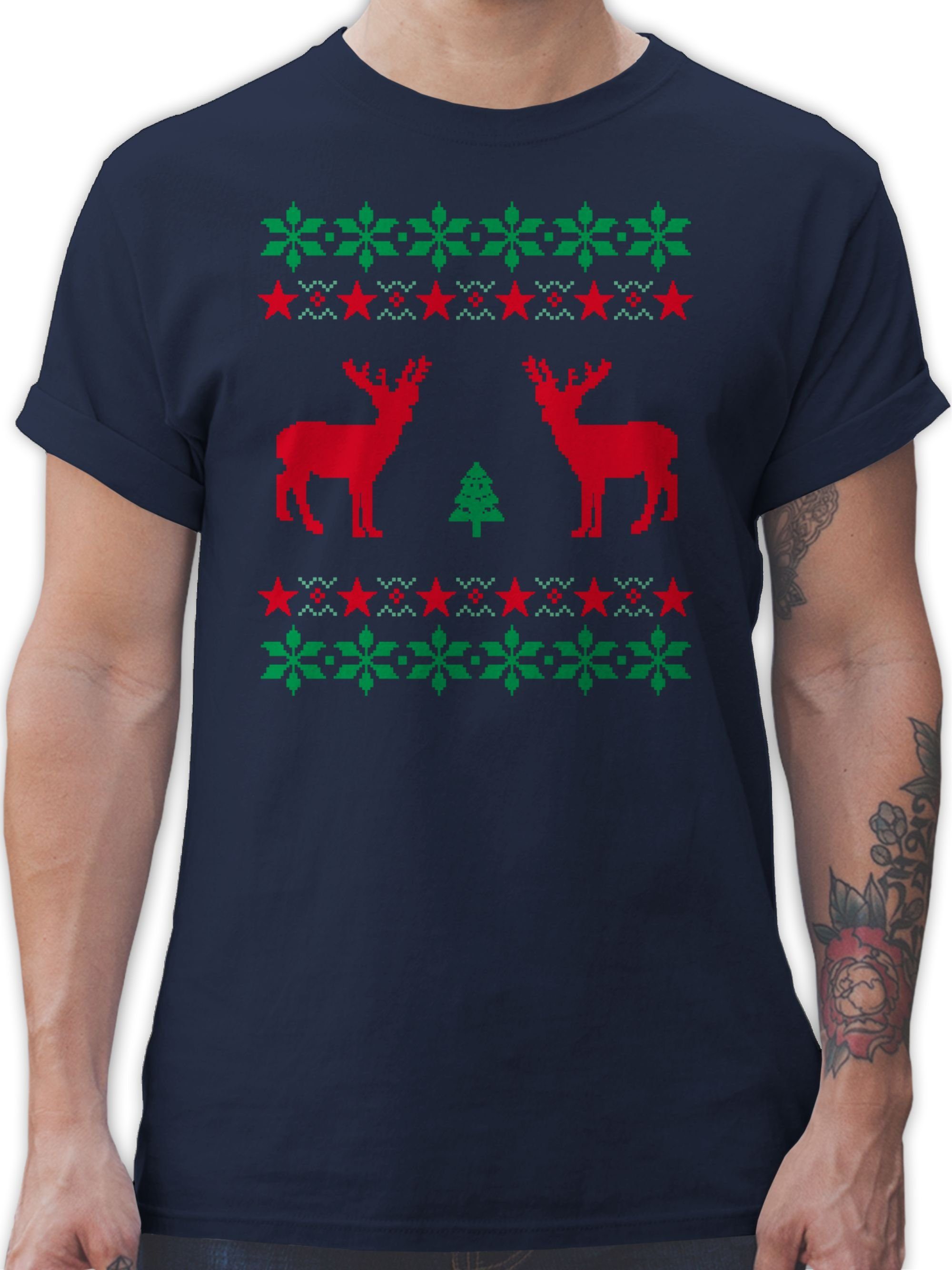 2 Blau T-Shirt Weihachten Weihnachten Navy Norweger Shirtracer Rentier Pixel Kleidung