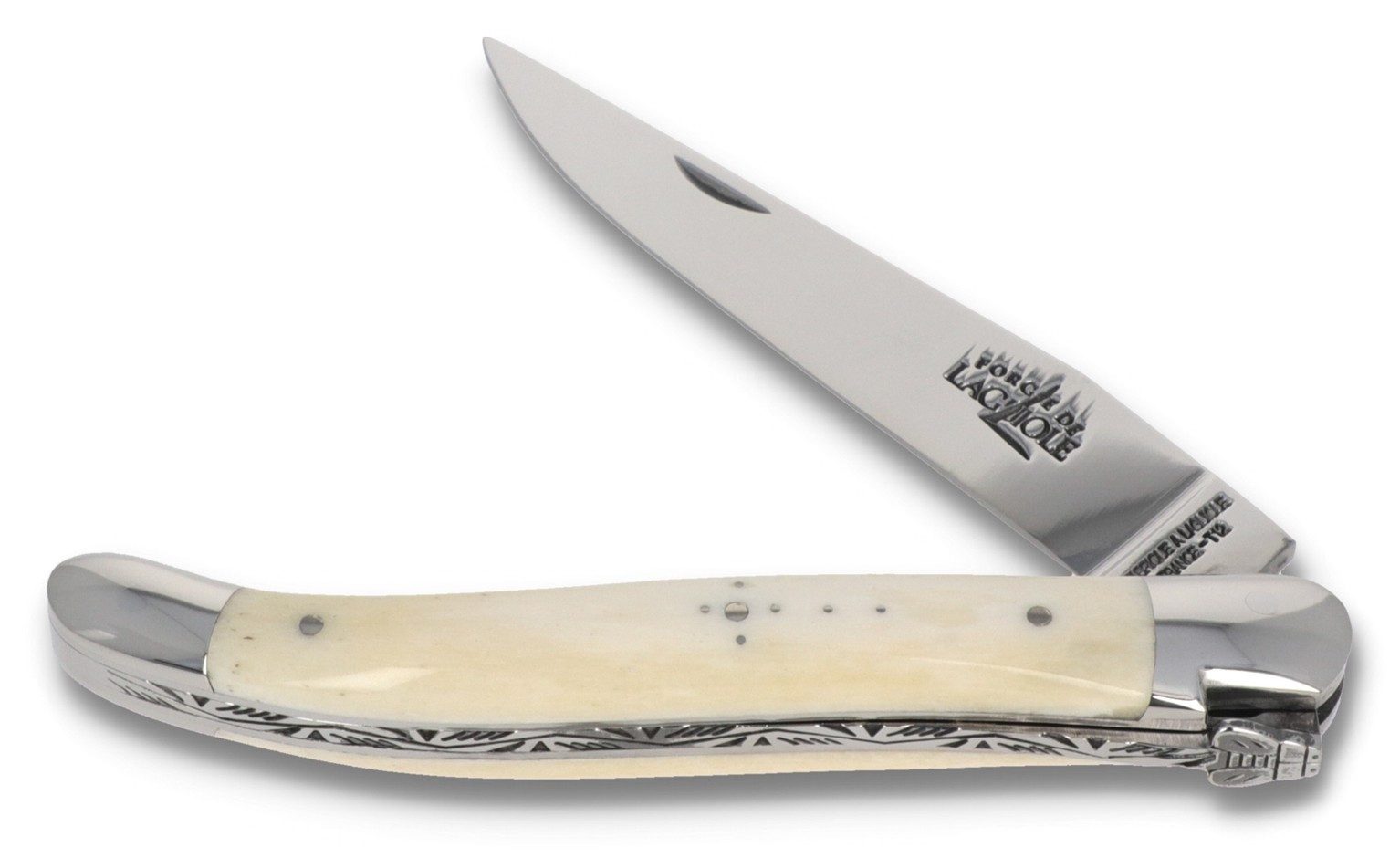Forge de Laguiole Taschenmesser 1211 IN OS BRI, Griff 11cm Rinderknochen - Verzierte Feder - Klinge Backen glänzend