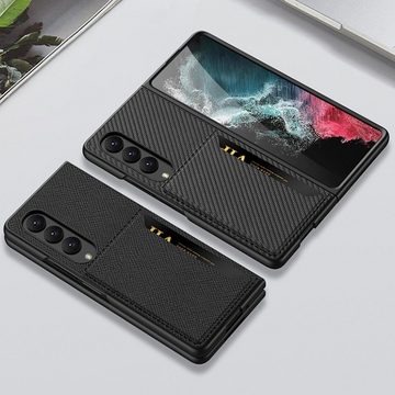 Wigento Handyhülle Für Samsung Galaxy Z Fold4 5G Kartenfach Flip Cover Cross Textur Kunstleder Handy Tasche Hülle Etuis Schwarz