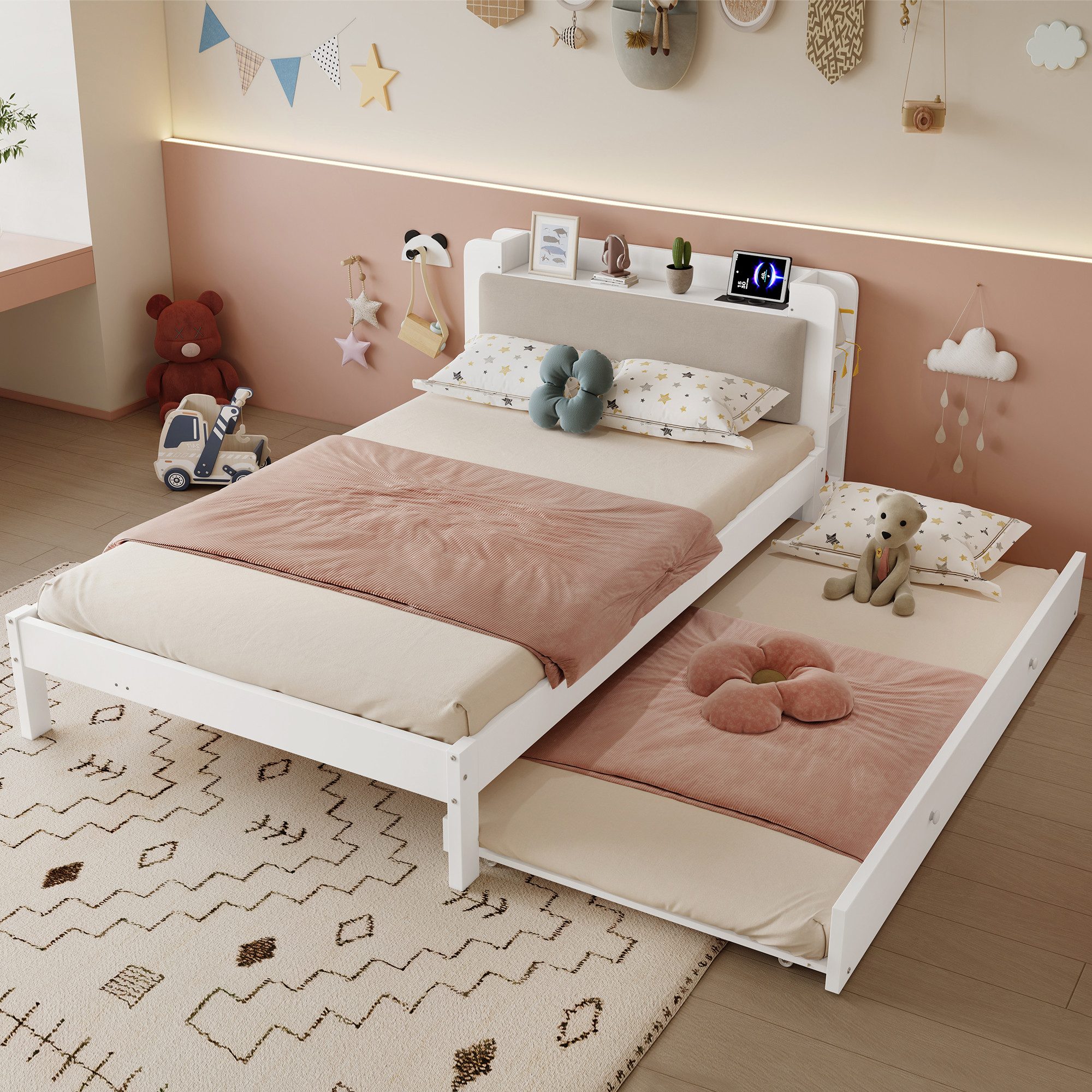 i@home Funktionsbett 120x200 cm Weiß mit Ausziehbett 90x190 cm, Holzbett, gepolstertem Kopfteil, Kopfteilregal, Ladestation und offenem Stauraum