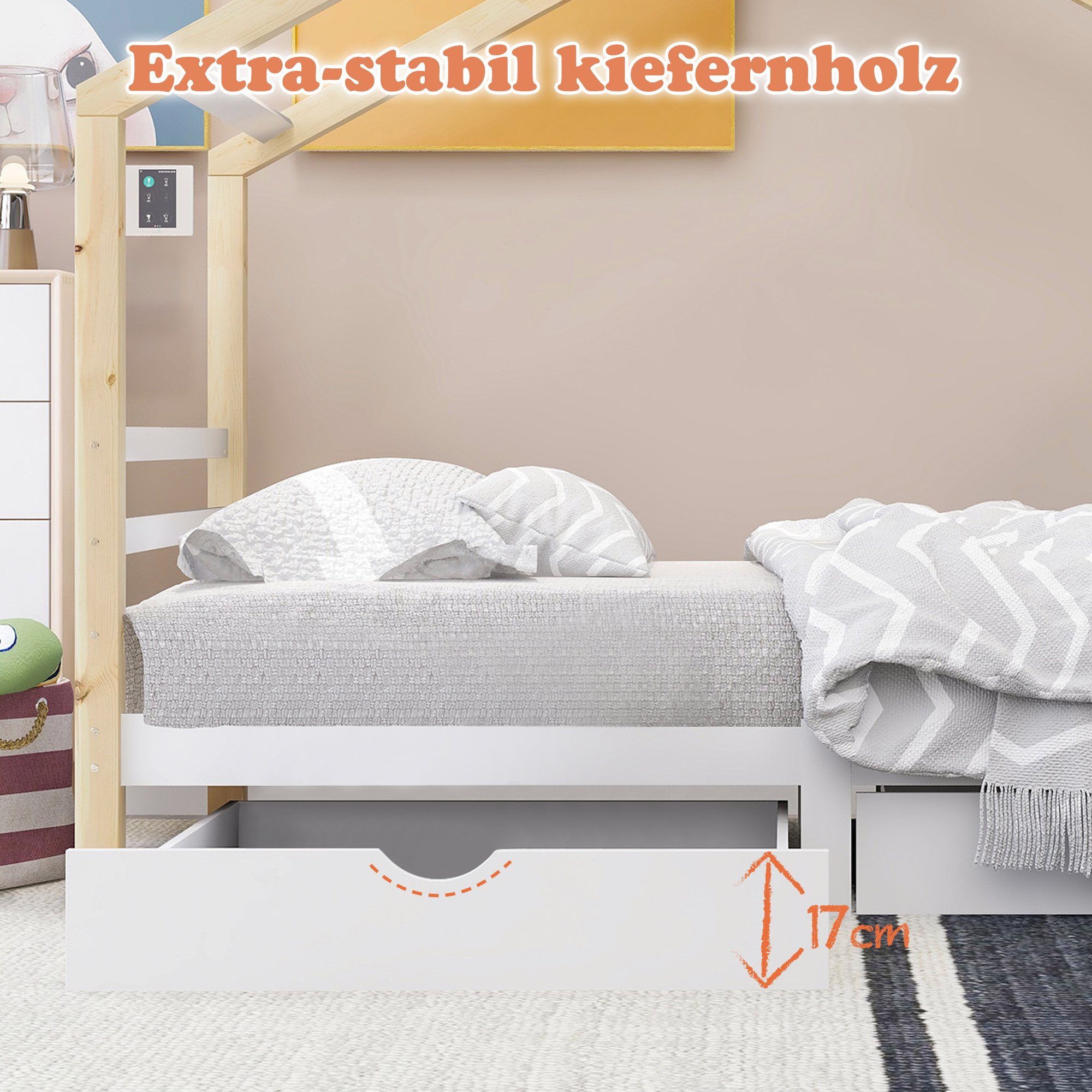 2 Holzbett Weiß mit Merax mit Lattenrost Schubladen, Hausbett, Kinderbett
