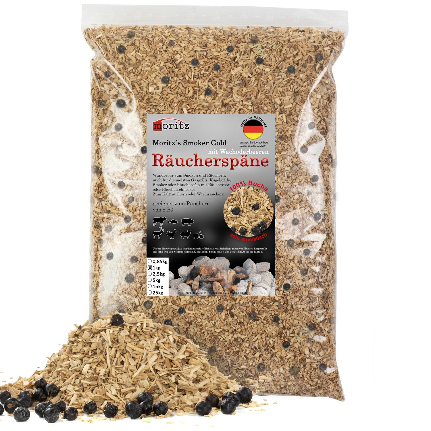 Moritz Räucherbox 1kg Räucherspäne Buche mit Wacholder fein 0,75 -2 mm zum smoken, räuchern/kalträuchern von Fleisch, Fisch, Gemüse geeignet