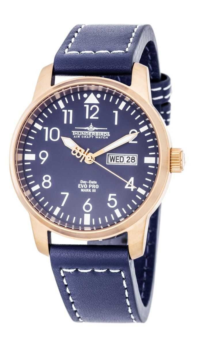 Thunderbirds Quarzuhr EvoPro Herrenuhr TB1068-08 Blau IP-Rose Lederband - 40 mm