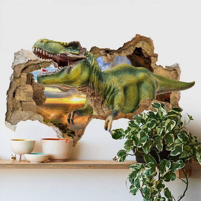 K&L Wall Art Wandtattoo 3D Wandtattoo Kinderzimmer Dinosaurier T-Rex Dino Steinzeit Planet Mauerdurchbruch Wandbild selbstklebend