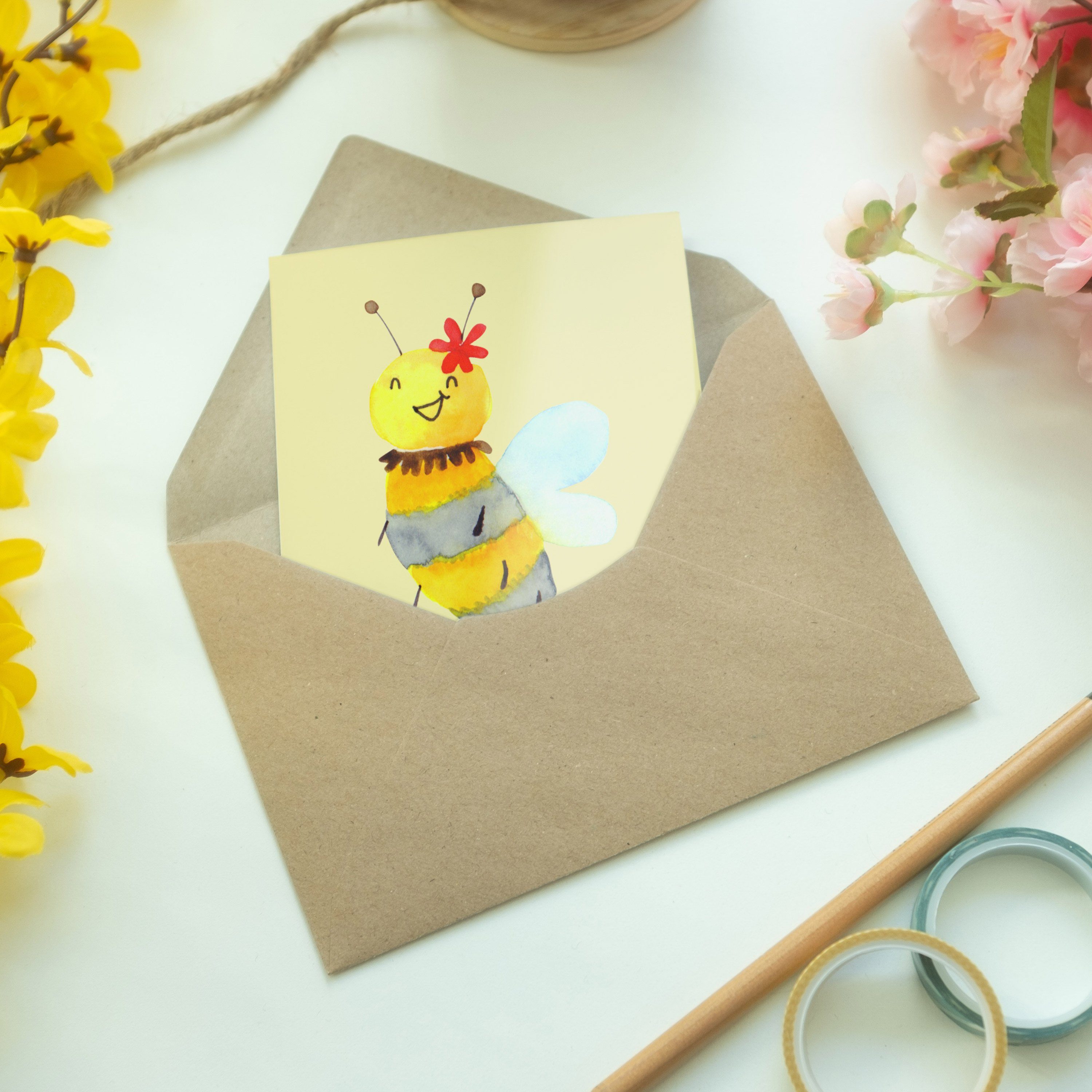 Grußkarte - Wespe, Mrs. - Geschenk, Gelb & Biene Einladungskarte Panda Hummel, Mr. Blume Pastell
