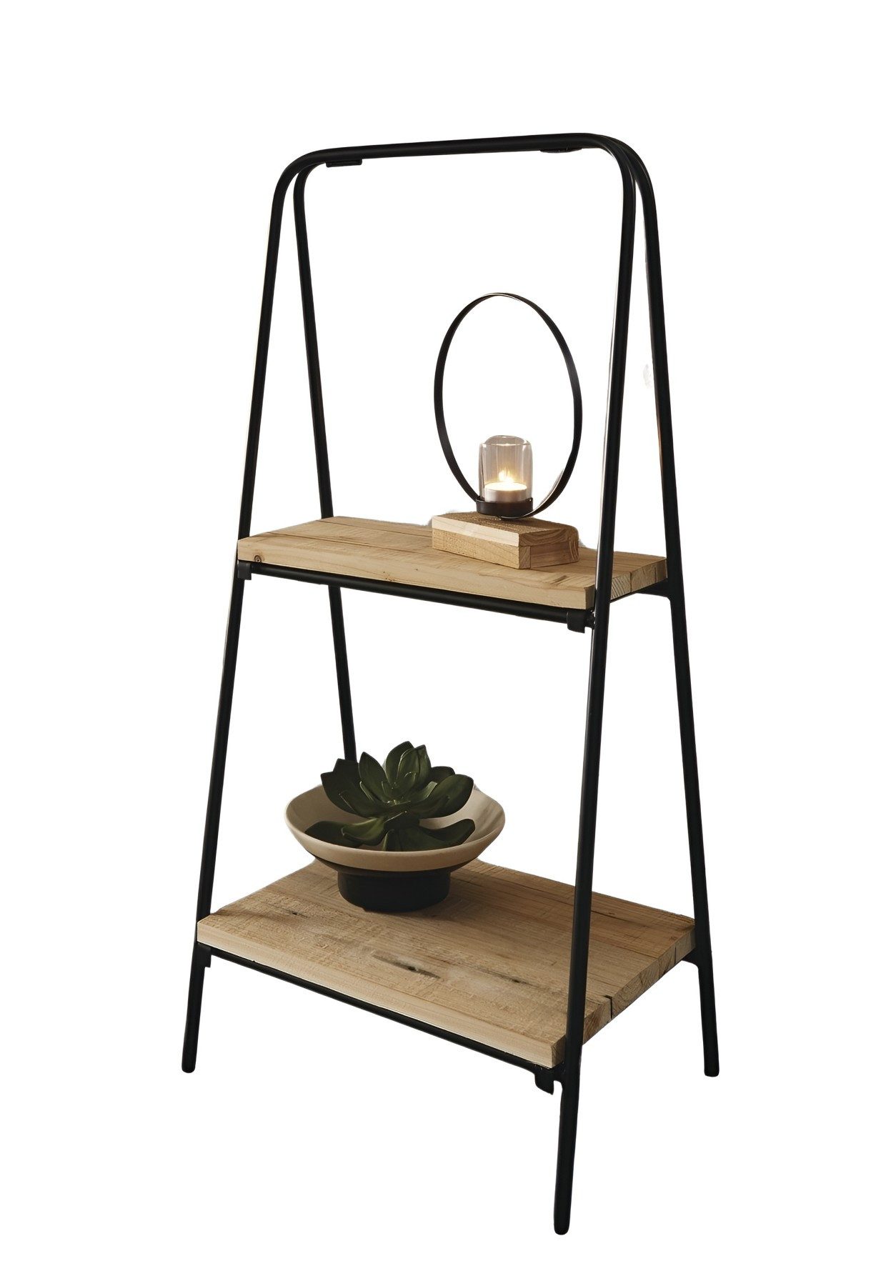 Dekoleidenschaft Standregal "Modern" aus Metall, schwarz + 2 Böden aus recyceltem Holz, klappbar, Regal, Blumenregal, Etagere, Pflanzenständer, Pflanzenregal