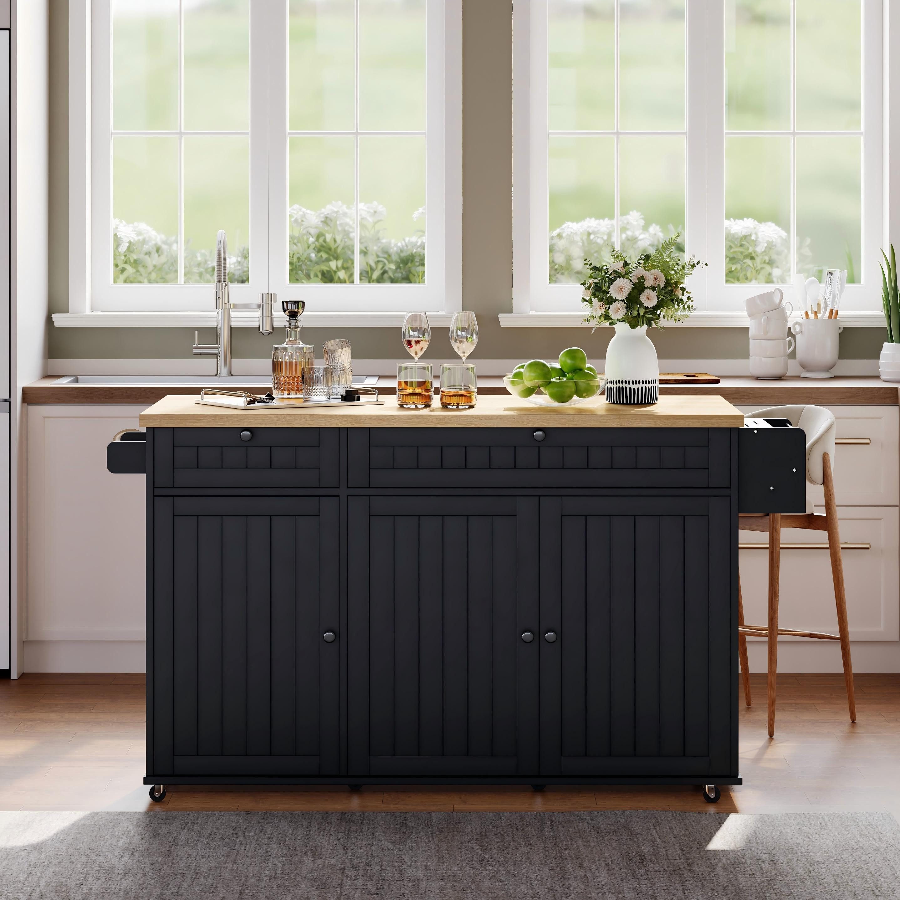Flieks Küchenwagen Kücheninsel mit erweiterbarer Arbeitsplatte, Türregal und Rollen, (1 St), Servierwagen Küchenschrank Buffetschrank mit Schubladen Schwarz – Bild 2 von 5