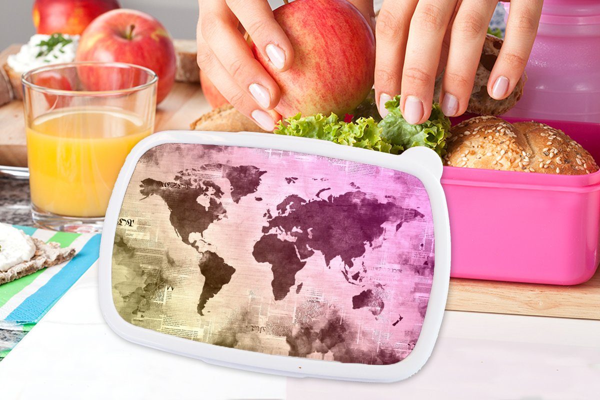 MuchoWow Lunchbox Snackbox, Erwachsene, - Kinder, Brotbox Gelb Kunststoff, Mädchen, für Brotdose rosa Lila, - Weltkarte Kunststoff (2-tlg)