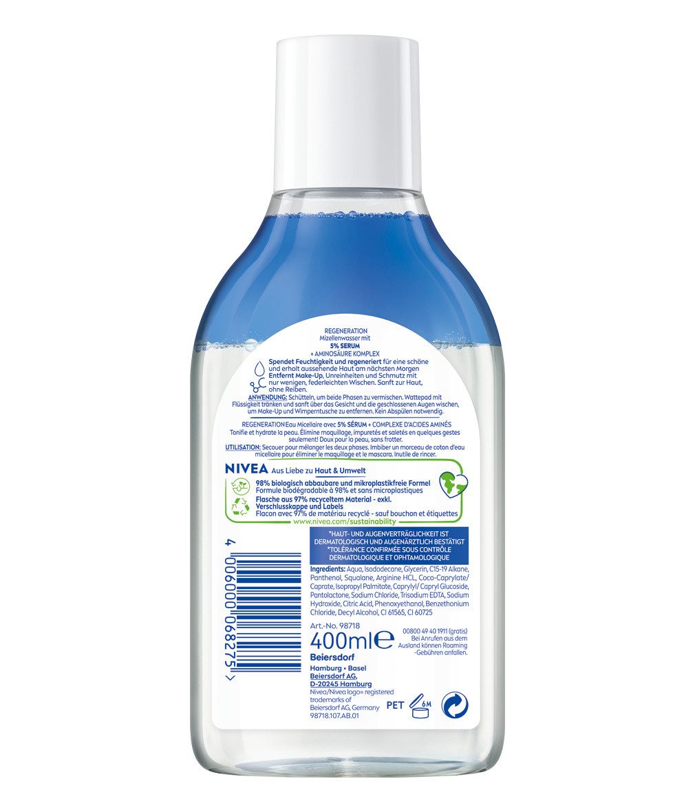 Nivea Gesichtspflege 3 x Mizellenwasser Panthenol Squalan Make-Up Entferner 400ml Packung, 3-tlg., Parfümfrei