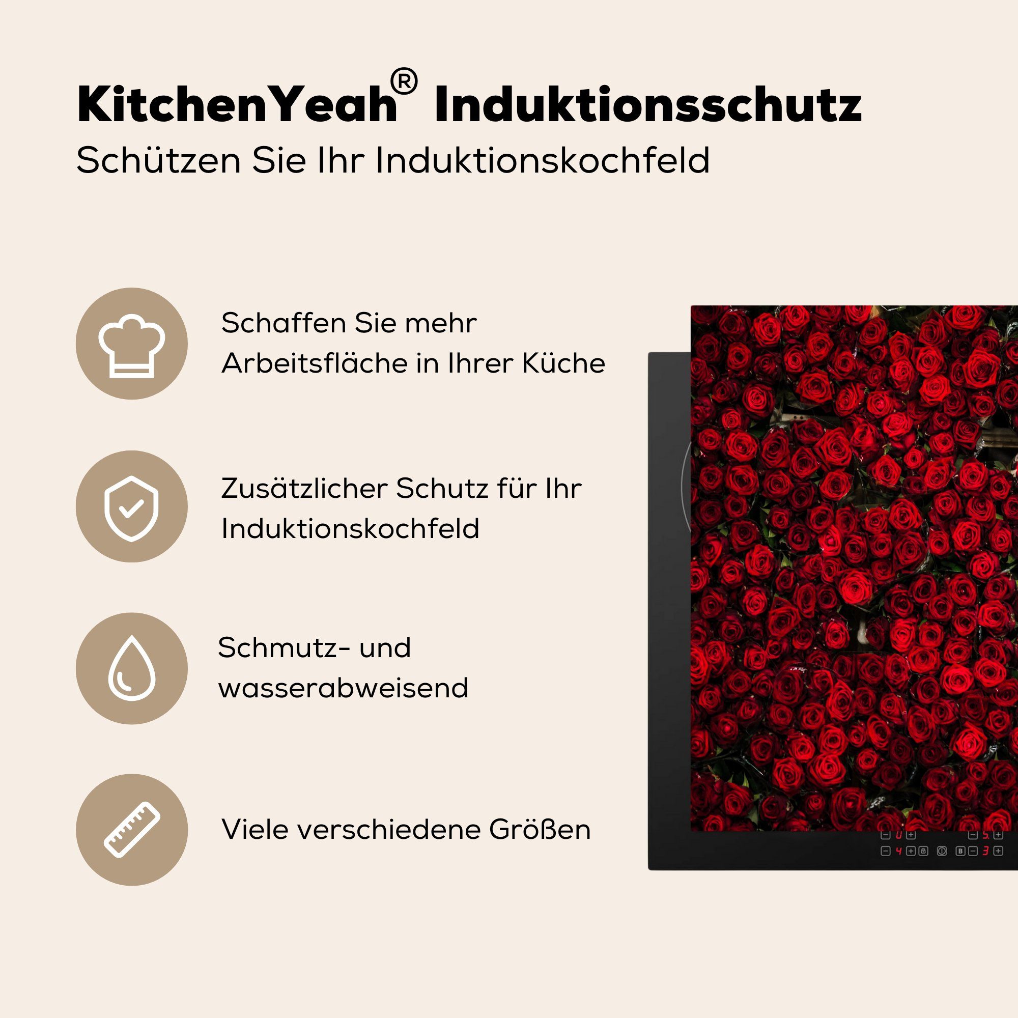 für - Herdblende-/Abdeckplatte MuchoWow Induktionsmatte - die (1 Rosen Vinyl, Rot, cm, tlg), Ceranfeldabdeckung küche, Blumen 59x52