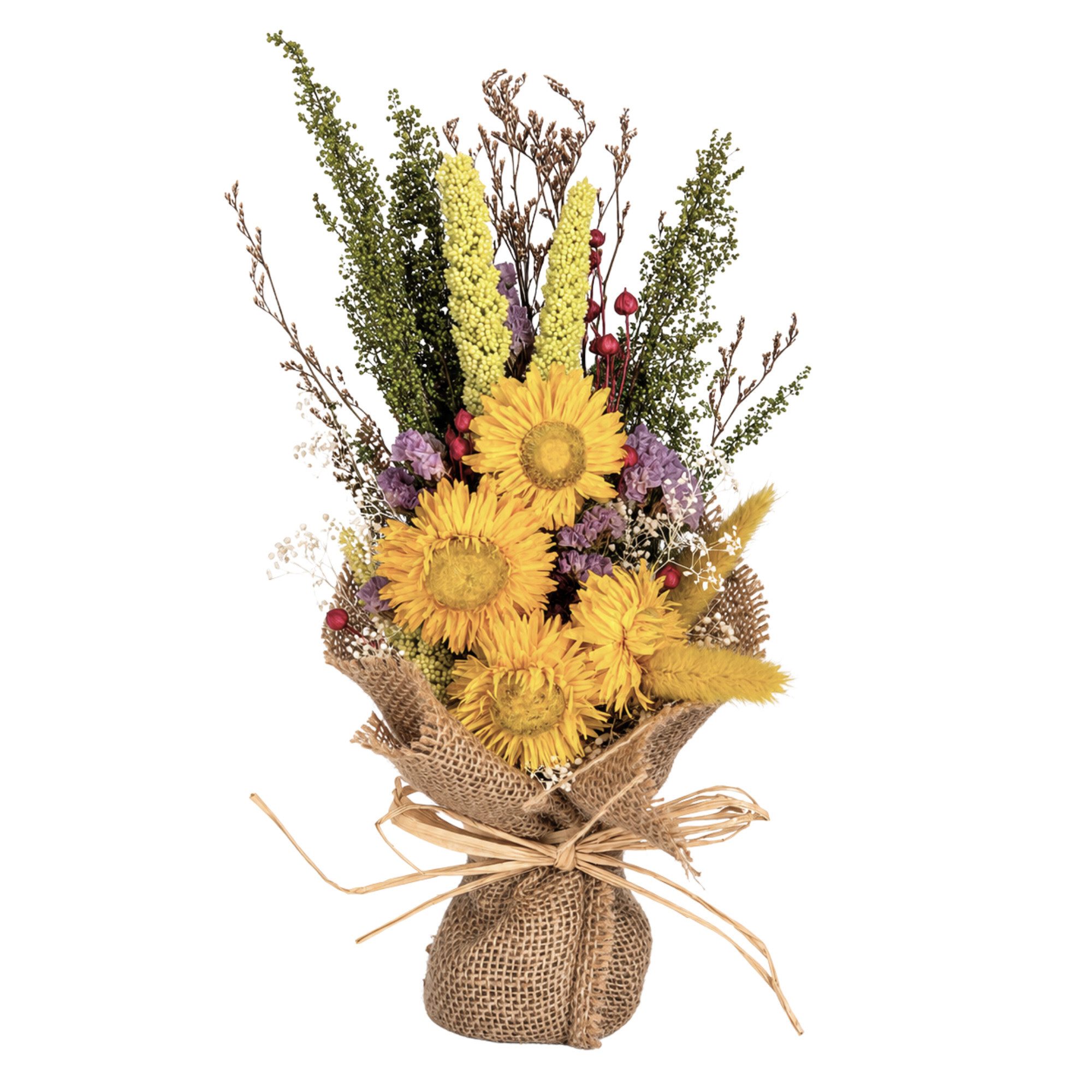 Trockenblume LAYBA Trockenblumenstrauß Gelb mit Jute – Sonnenblumen-Optik, Layba