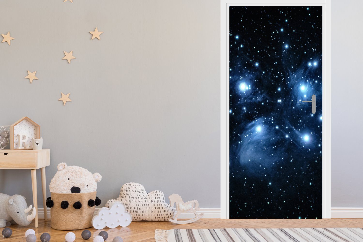 75x205 - Türaufkleber, Planeten Fototapete (1 Mädchen bedruckt, Matt, Universum Türtapete - Tür, - St), - cm Sterne Kinder, Jungen für - MuchoWow